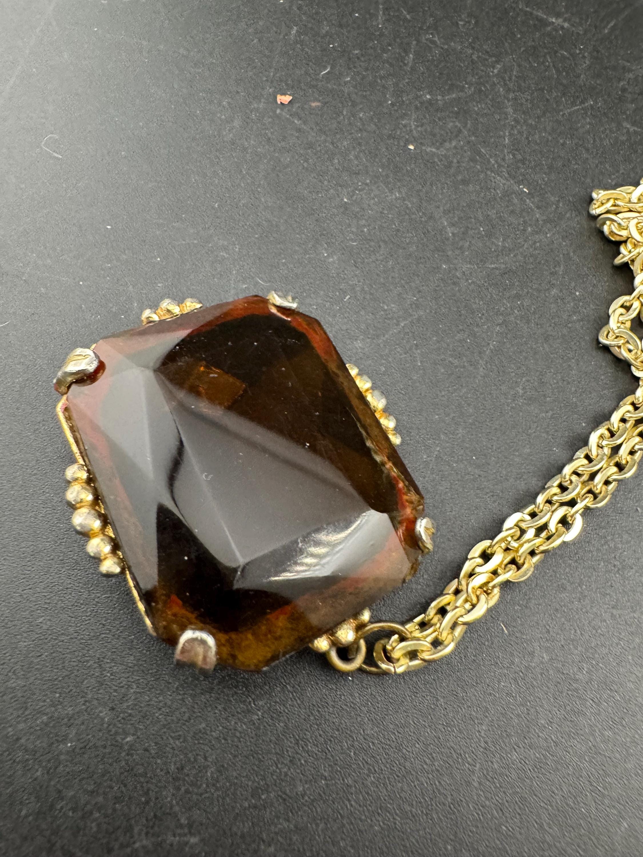Vintage gold tone brown cognac glass rectangular long 5cm pendant necklace 75cm