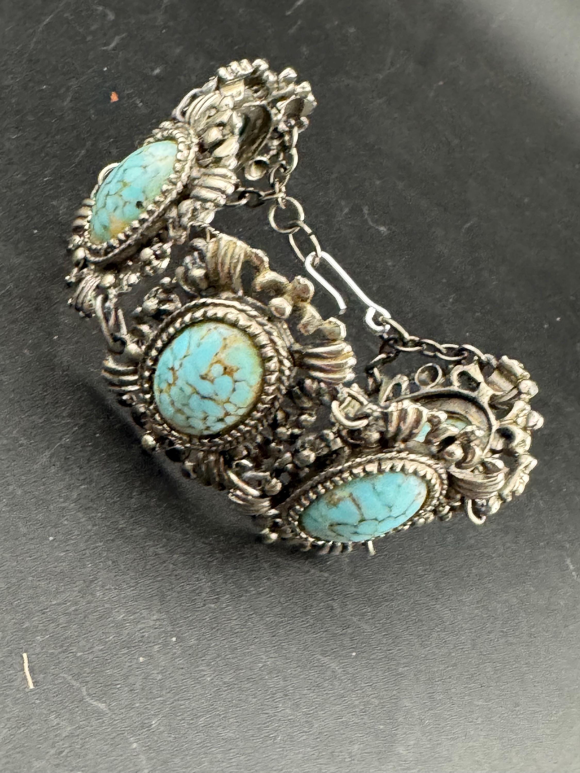 Vintage Faux Turquoise Agate Panel Bracelet: Silver Tone, 1960s-70s