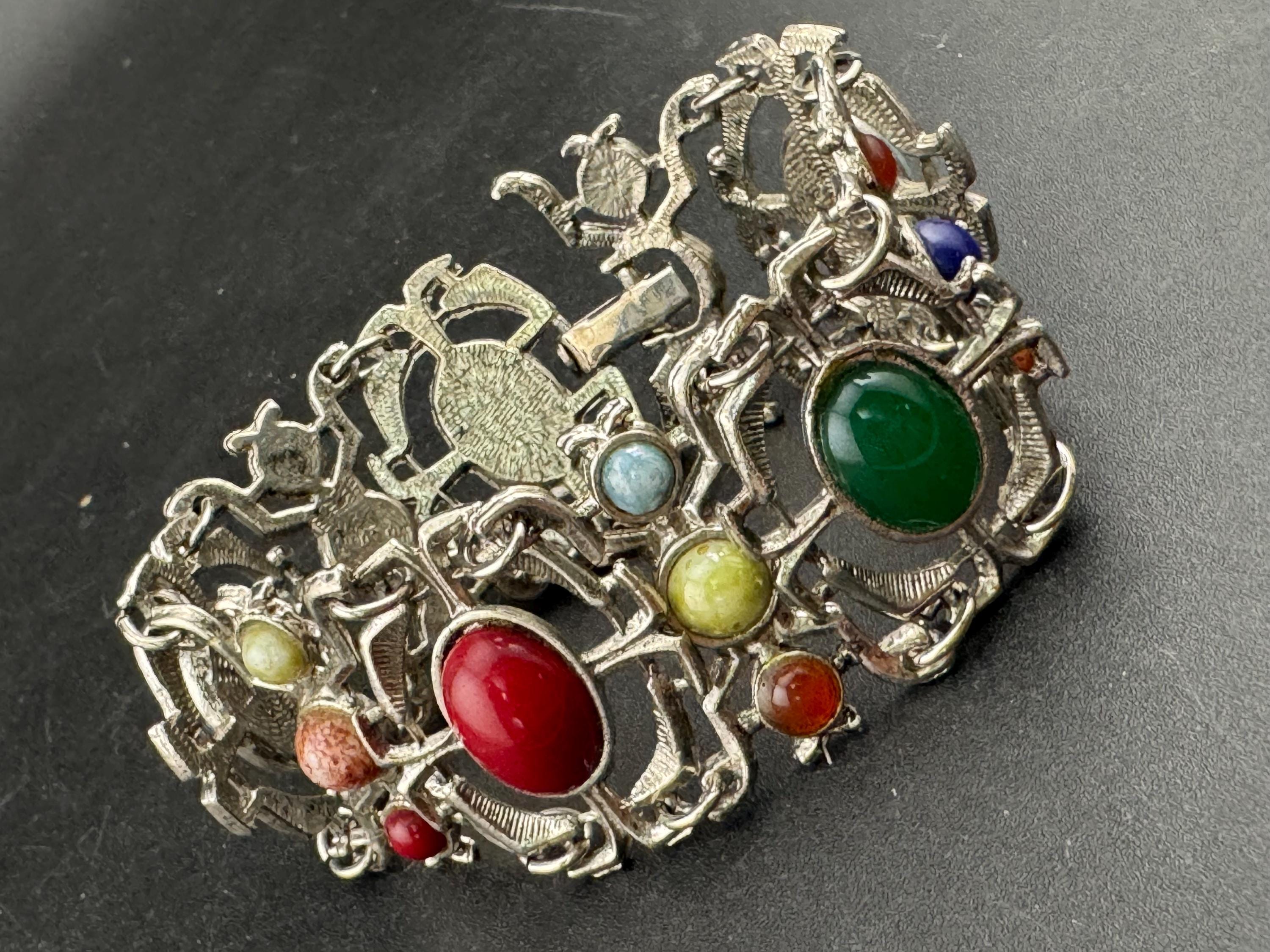 vintage retro 1970s silver tone Panel link Scottish bracelet with faux agate gemstone cabochons