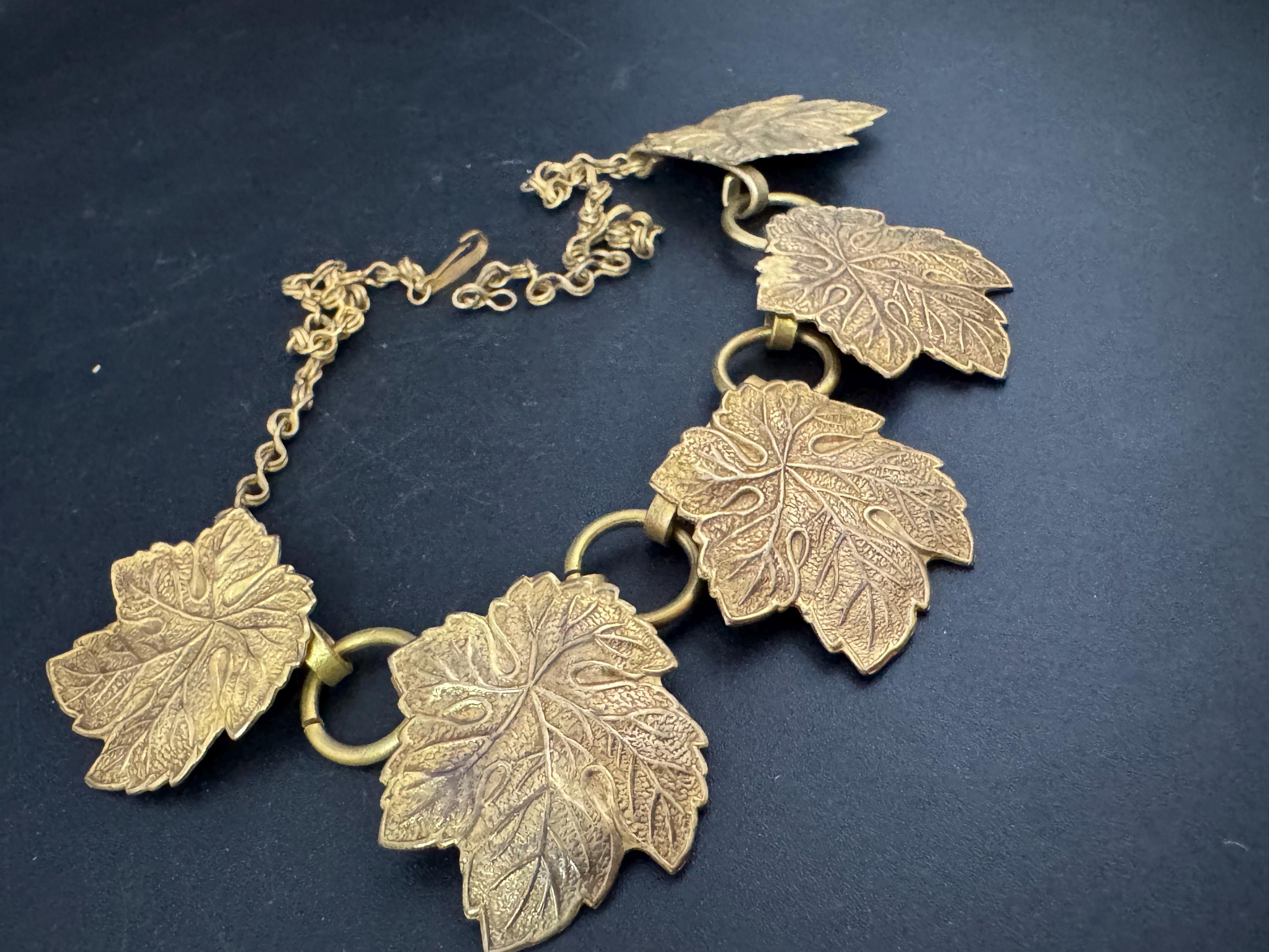 Czech, art deco brass metal stamped gold tone leaf choker necklace
