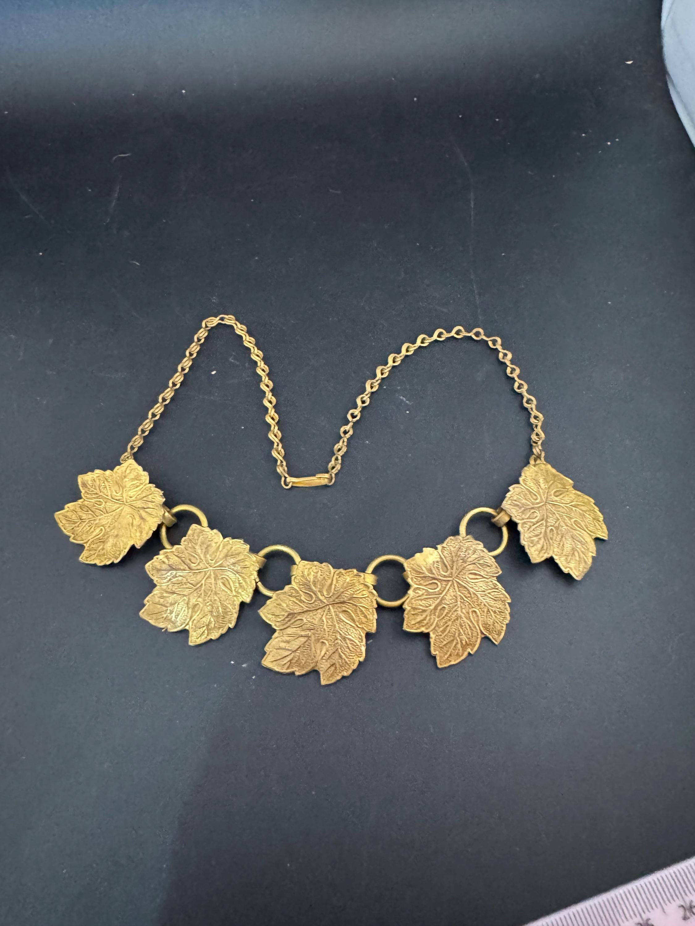 Czech, art deco brass metal stamped gold tone leaf choker necklace