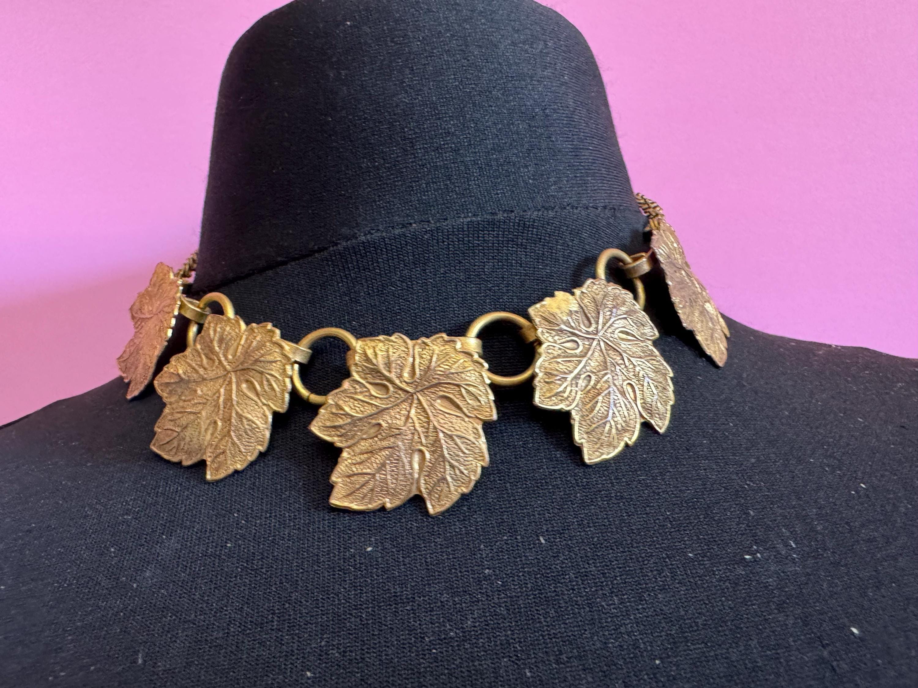 Czech, art deco brass metal stamped gold tone leaf choker necklace