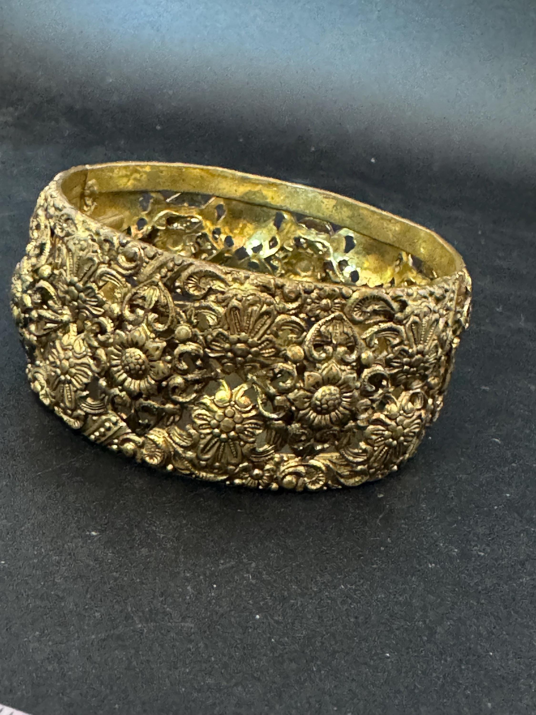 Rare wide Czech brass filigree open work clamper Bangle bracelet
