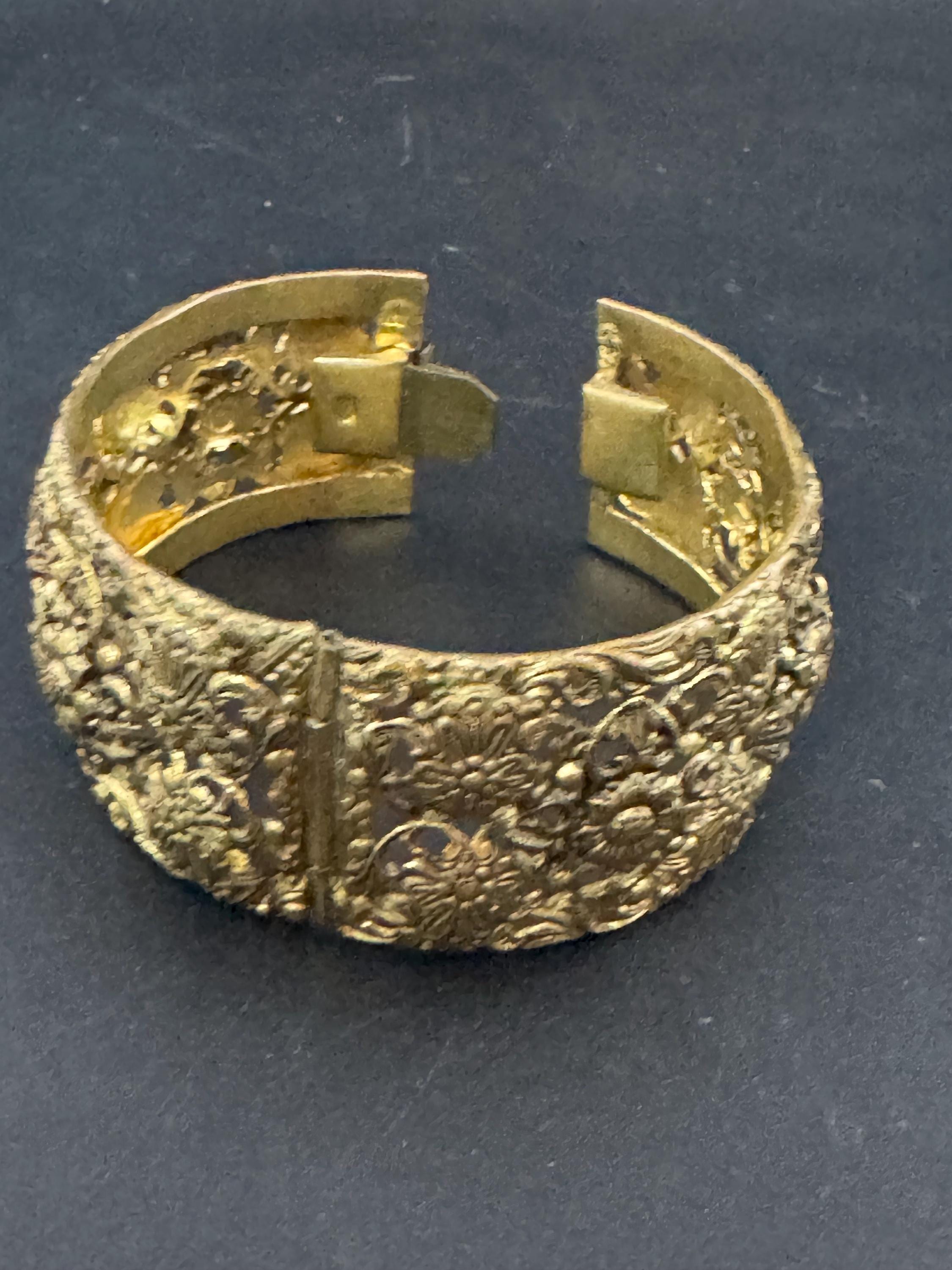 Rare wide Czech brass filigree open work clamper Bangle bracelet