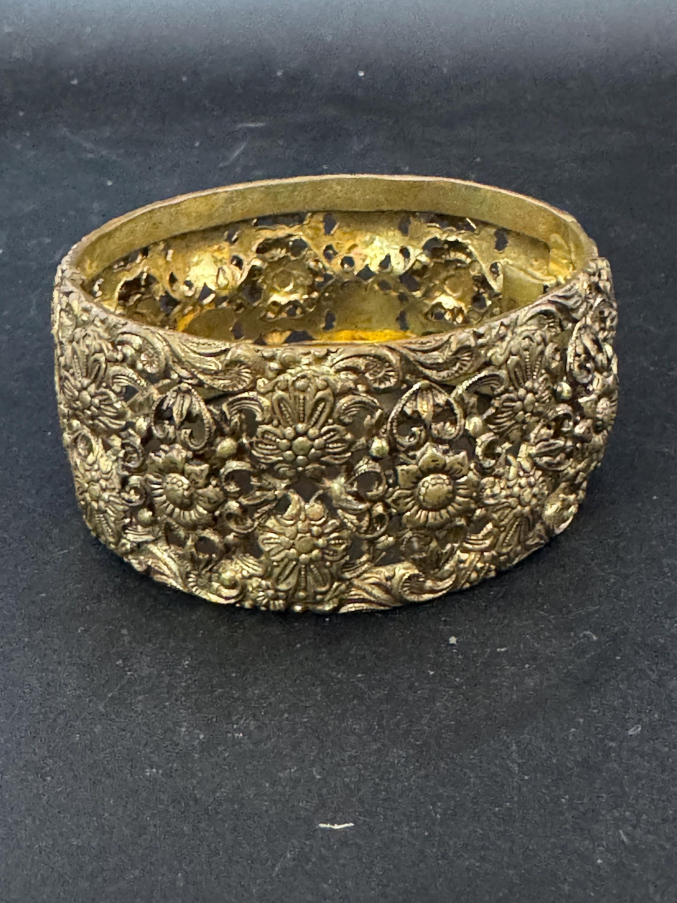 Rare wide Czech brass filigree open work clamper Bangle bracelet