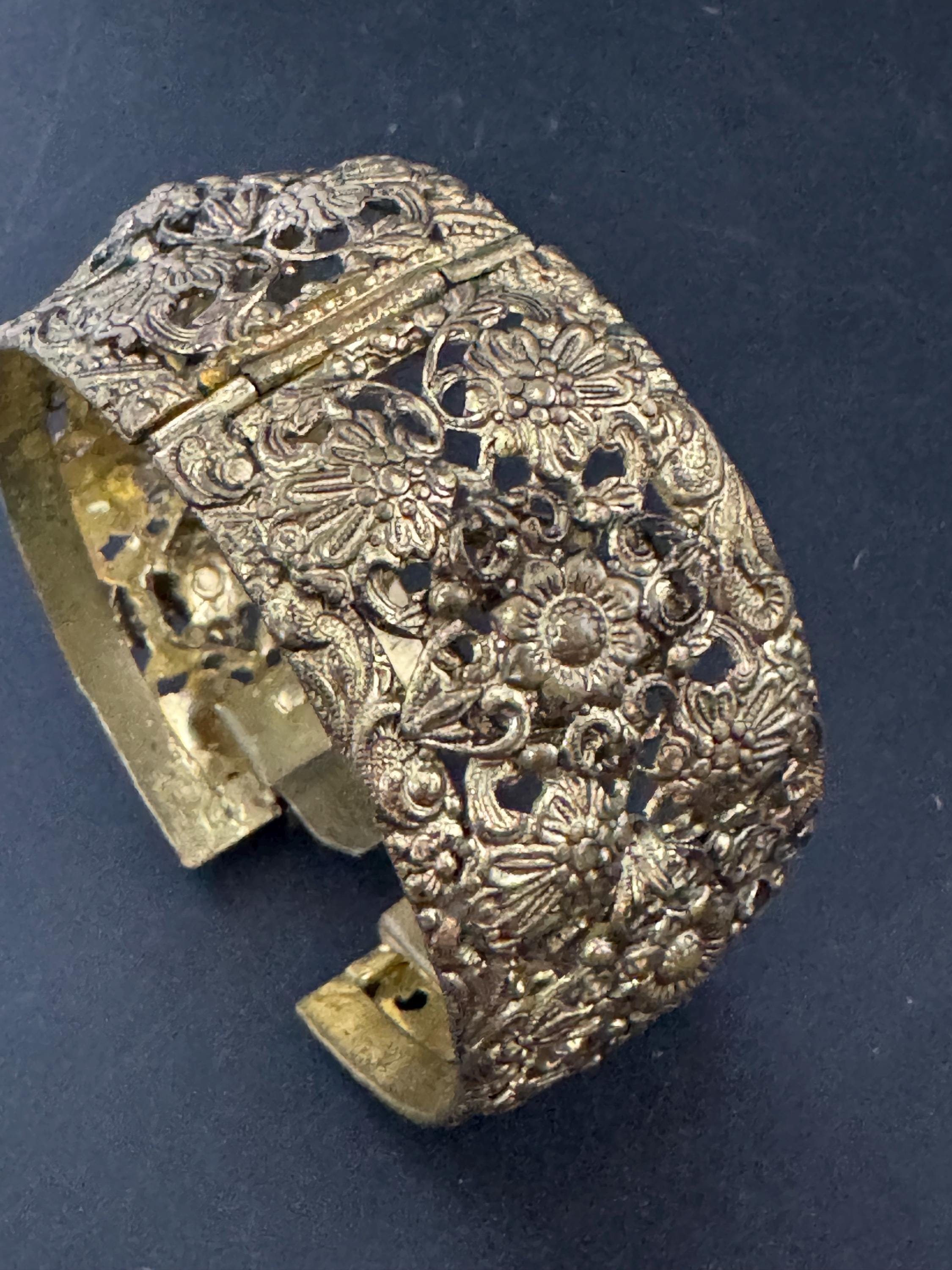 Rare wide Czech brass filigree open work clamper Bangle bracelet
