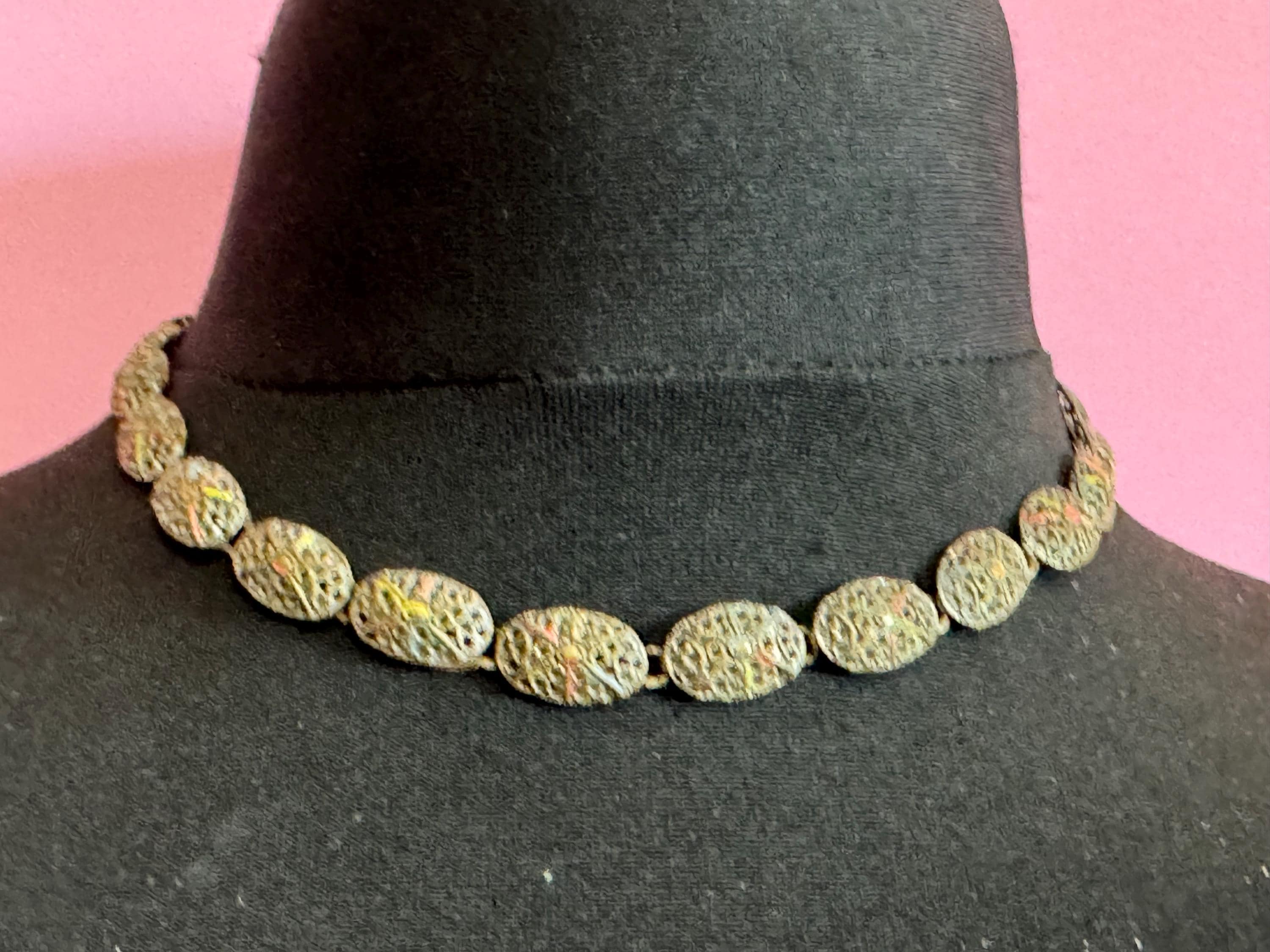 Czech cold painted enamel brass panel link Necklace, art deco period