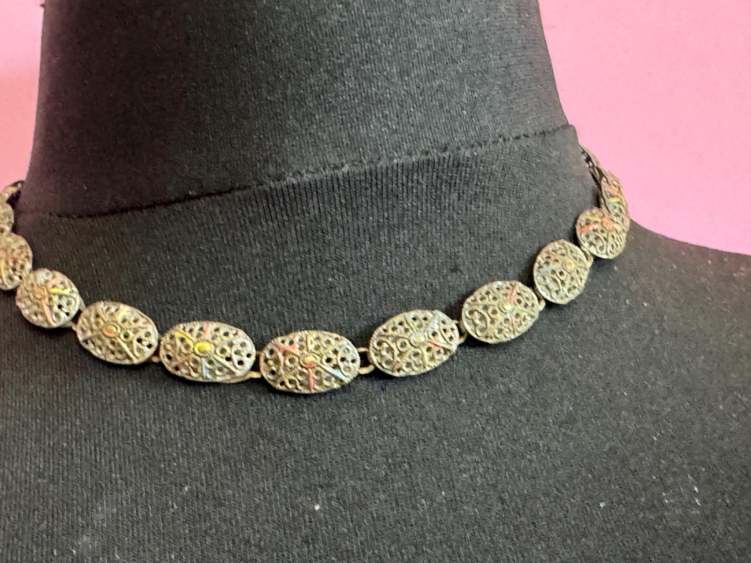 Czech cold painted enamel brass panel link Necklace, art deco period