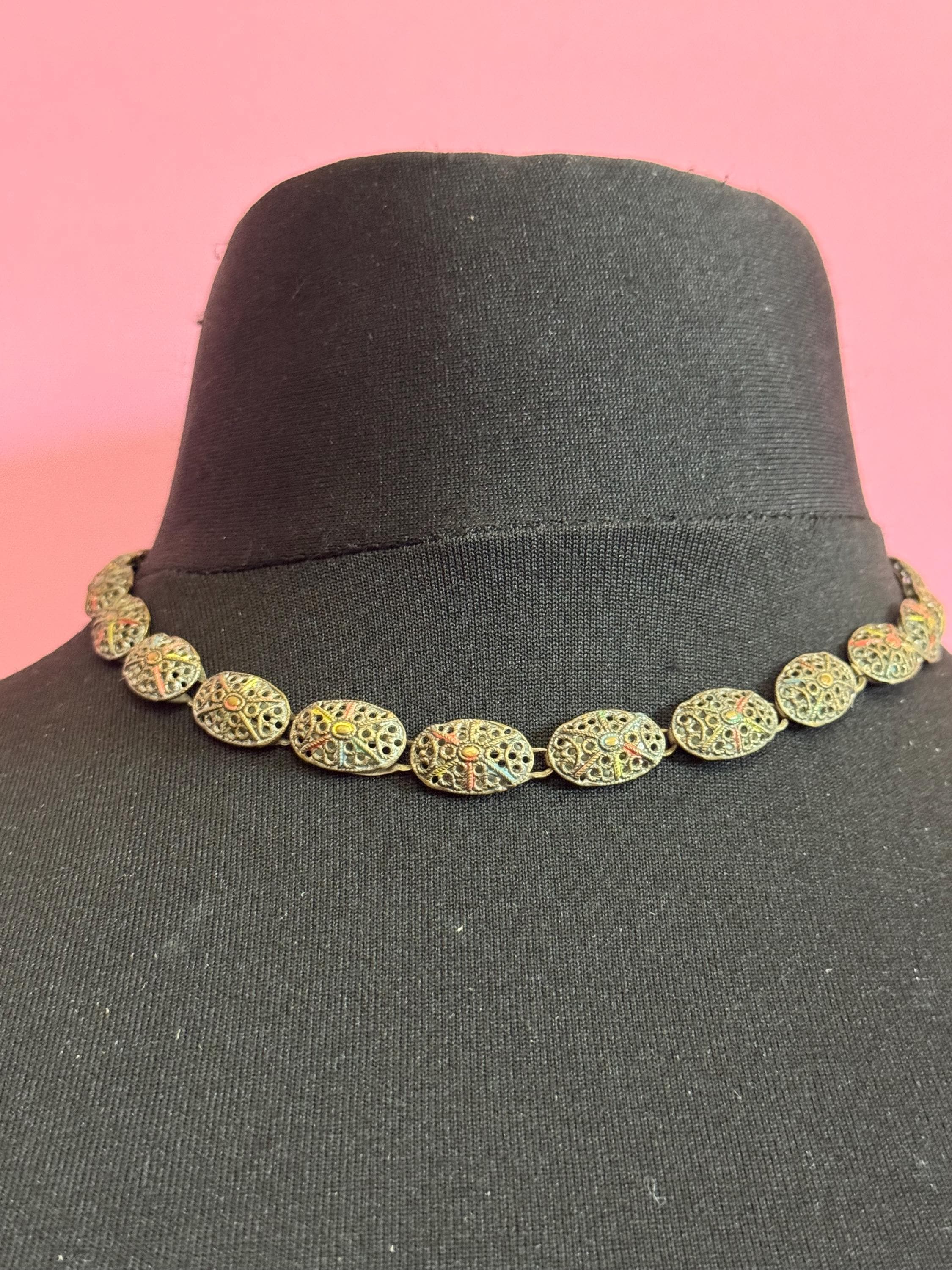 Czech cold painted enamel brass panel link Necklace, art deco period