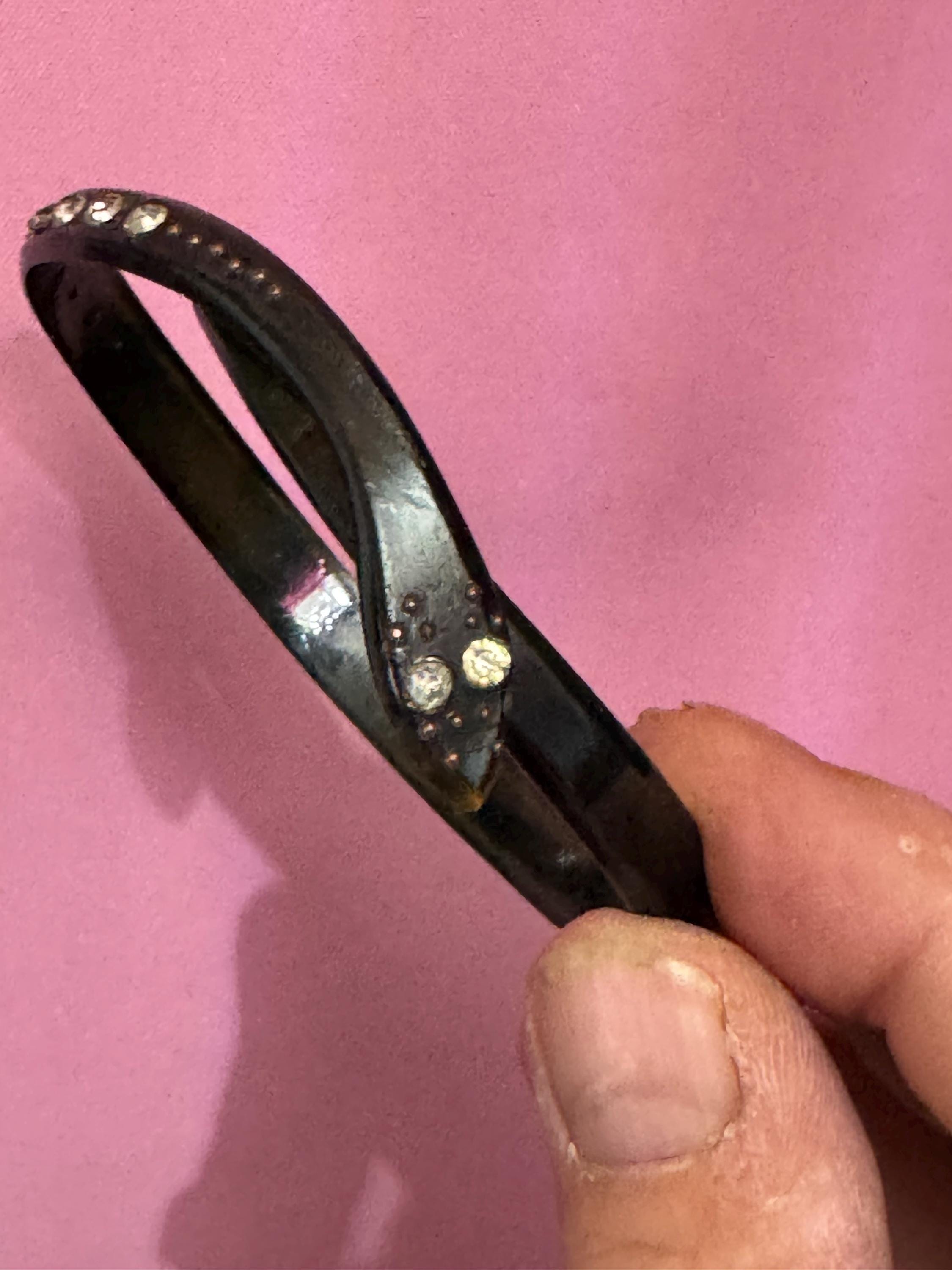 Antique Art Deco Galalith Snake Bangle: Diamante Paste, Celluloid Plastic