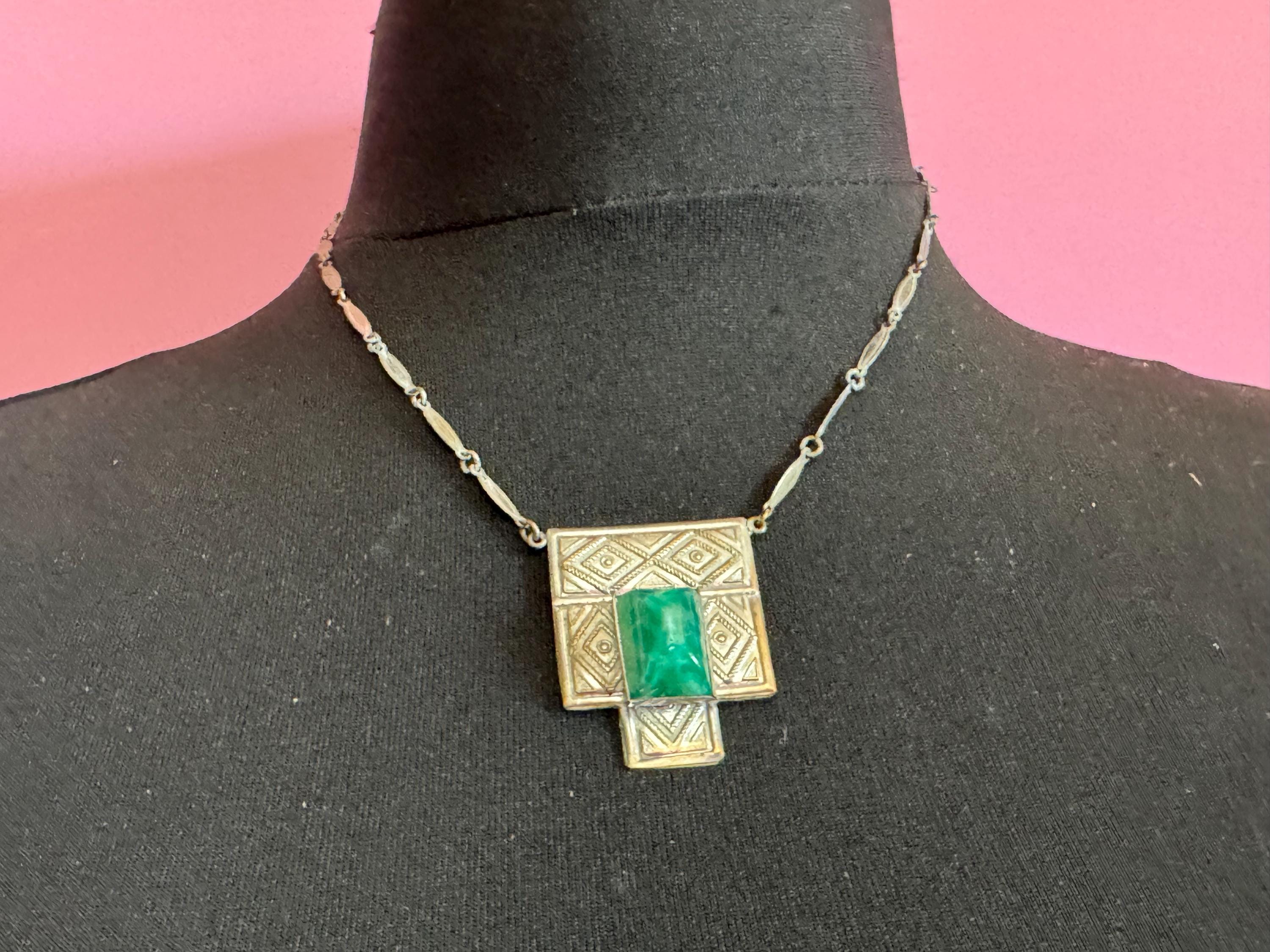 Art Deco Peking Glass Necklace: Silver Chrome Geometric Pendant, 1920s Style