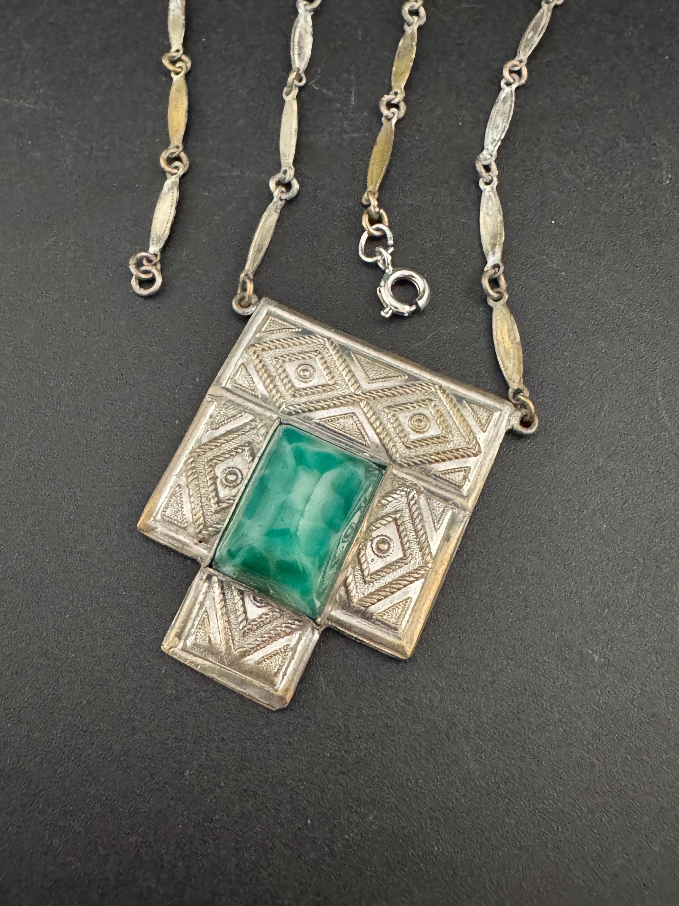Art Deco Peking Glass Necklace: Silver Chrome Geometric Pendant, 1920s Style