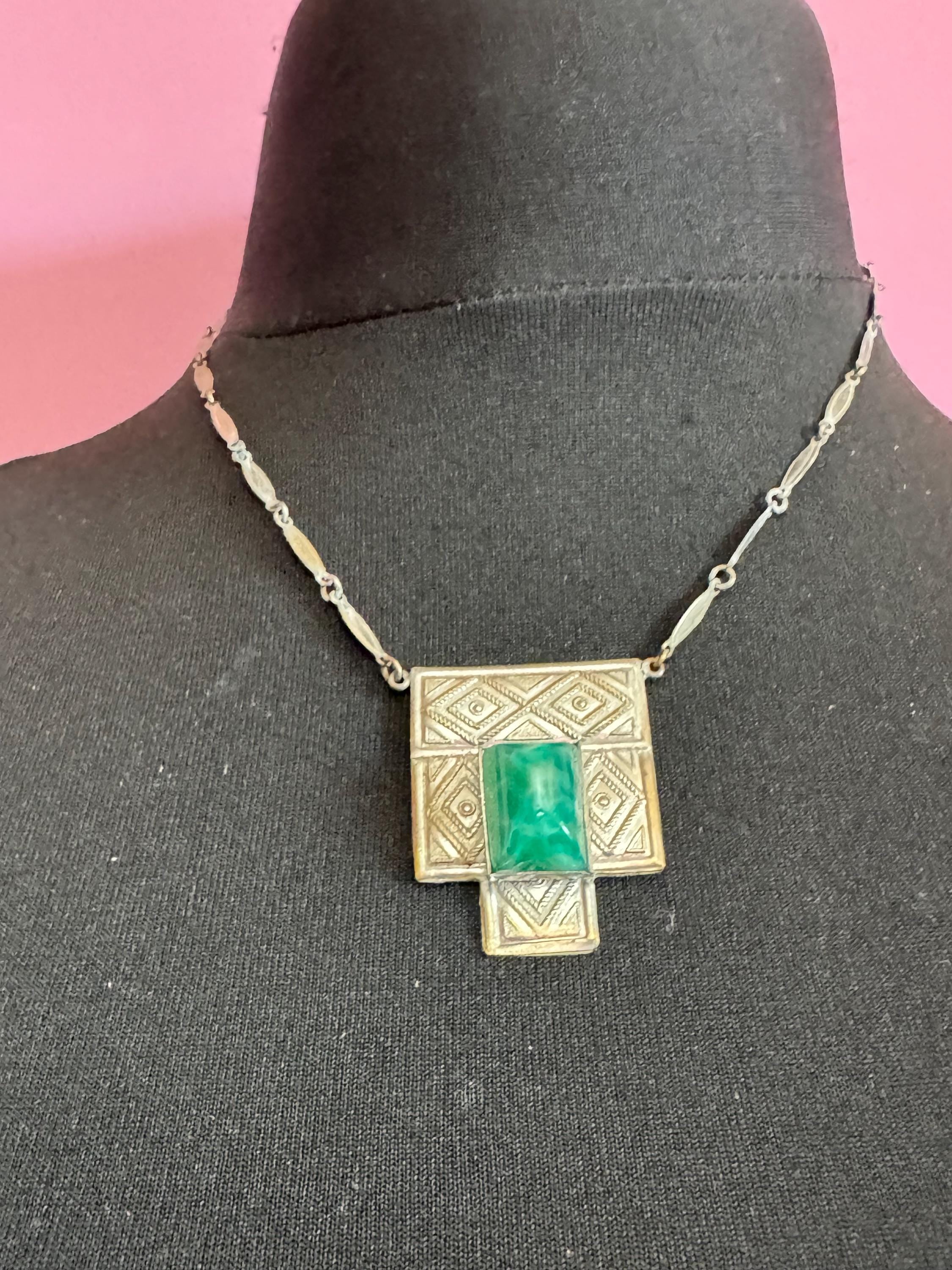 Art Deco Peking Glass Necklace: Silver Chrome Geometric Pendant, 1920s Style
