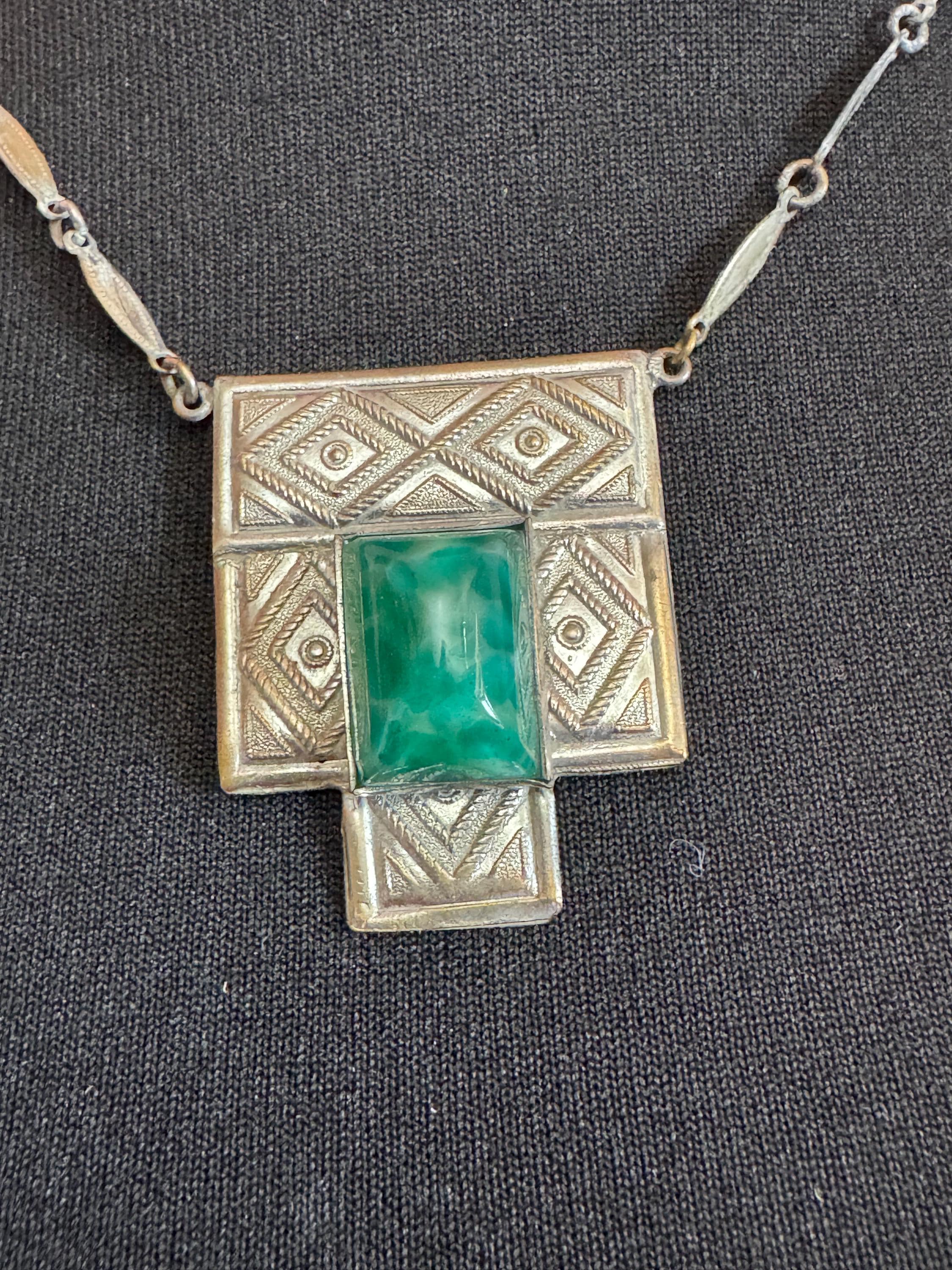 Art Deco Peking Glass Necklace: Silver Chrome Geometric Pendant, 1920s Style