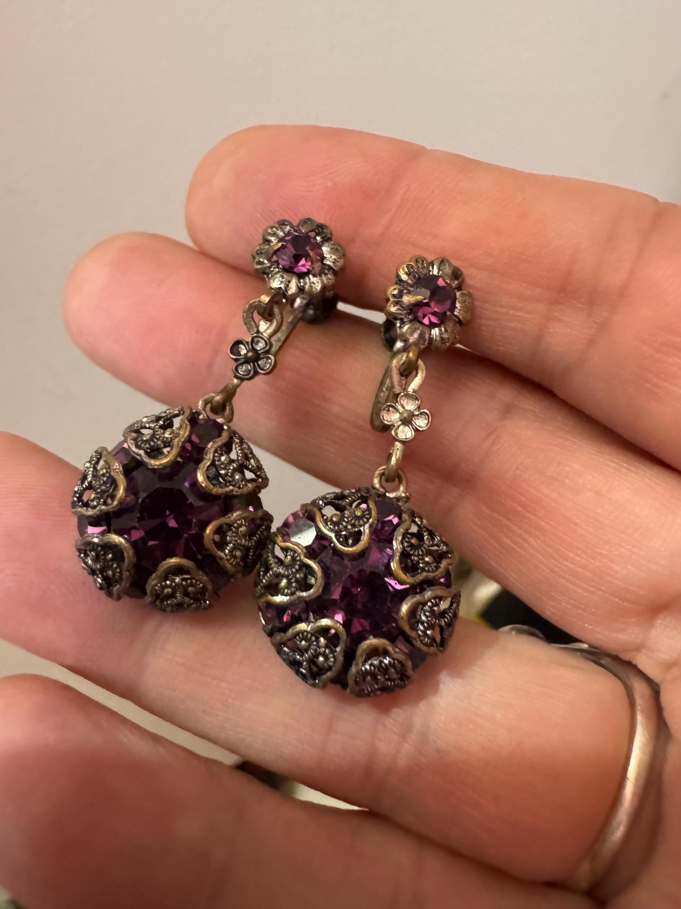 Czech filigree Clip on drop earrings with amethyst purple paste diamanté