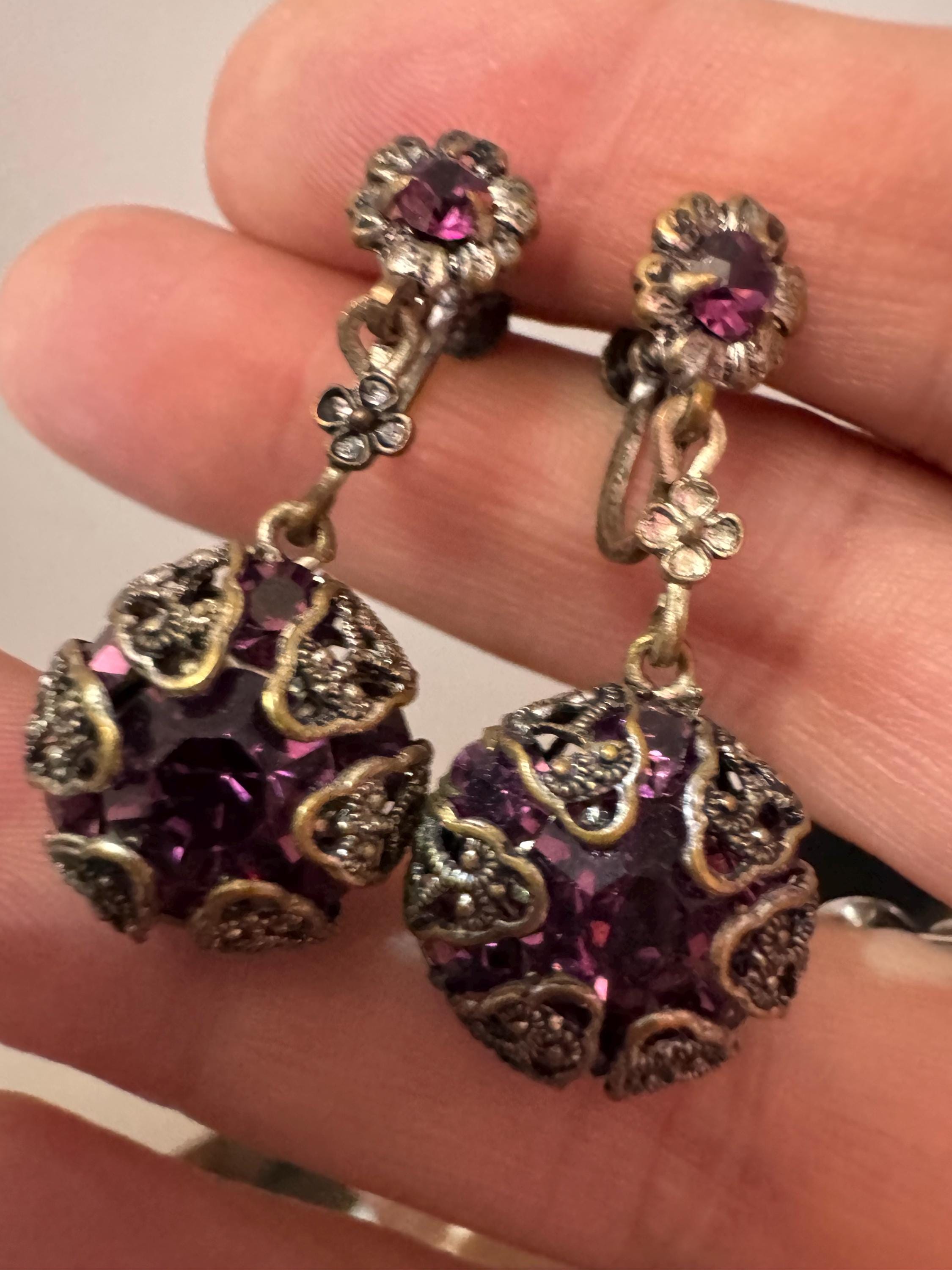 Czech filigree Clip on drop earrings with amethyst purple paste diamanté