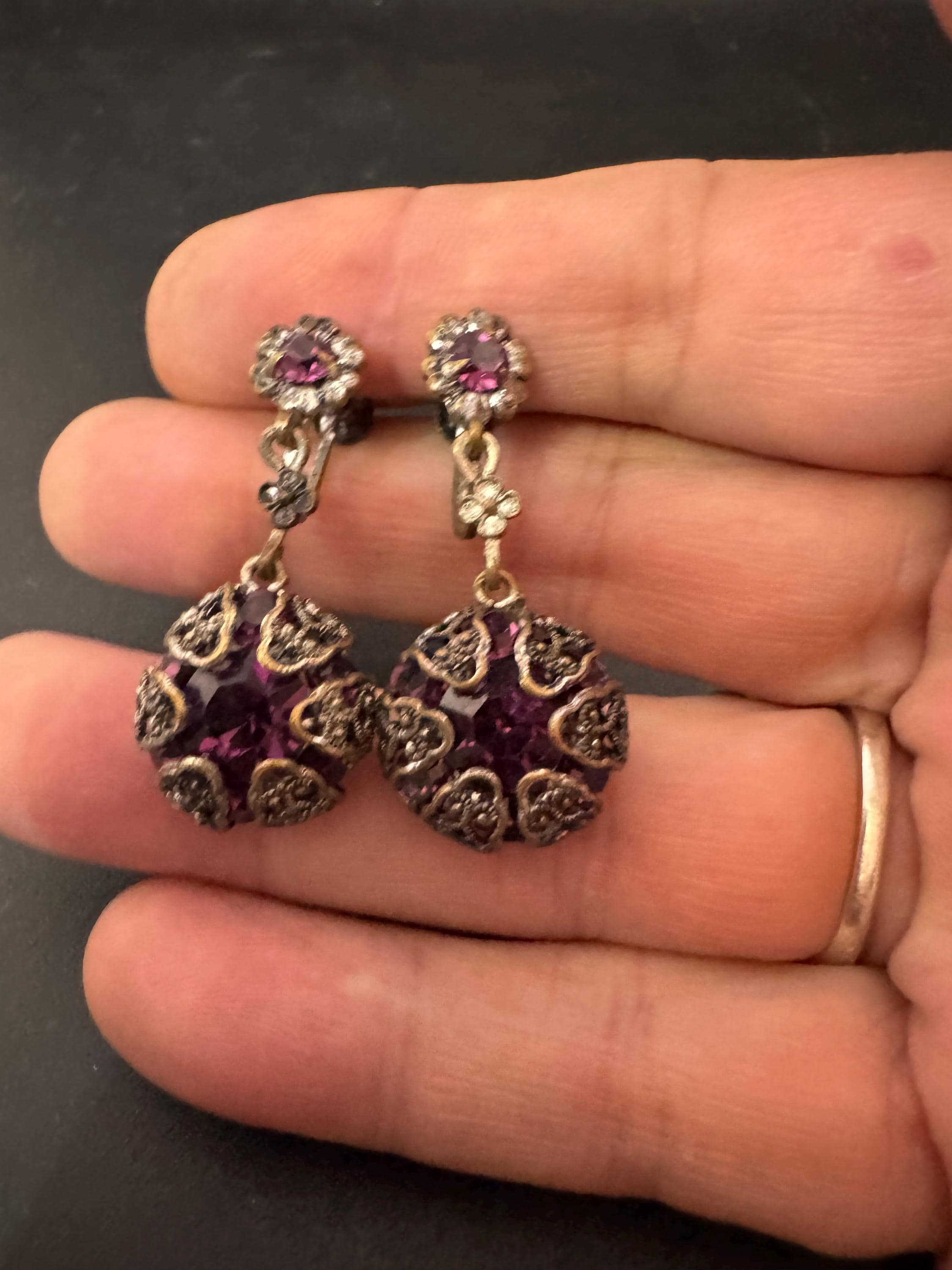 Czech filigree Clip on drop earrings with amethyst purple paste diamanté