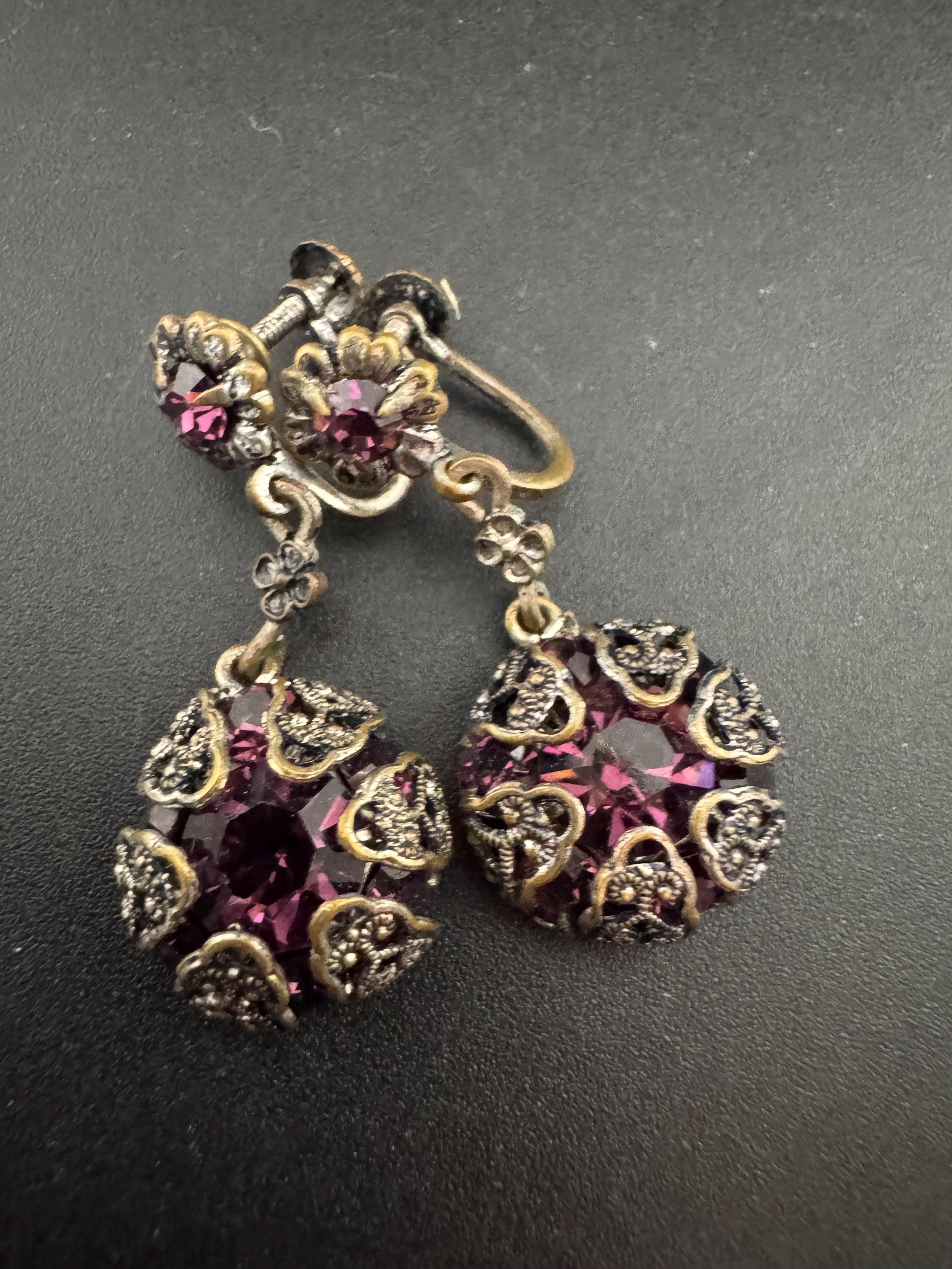Czech filigree Clip on drop earrings with amethyst purple paste diamanté