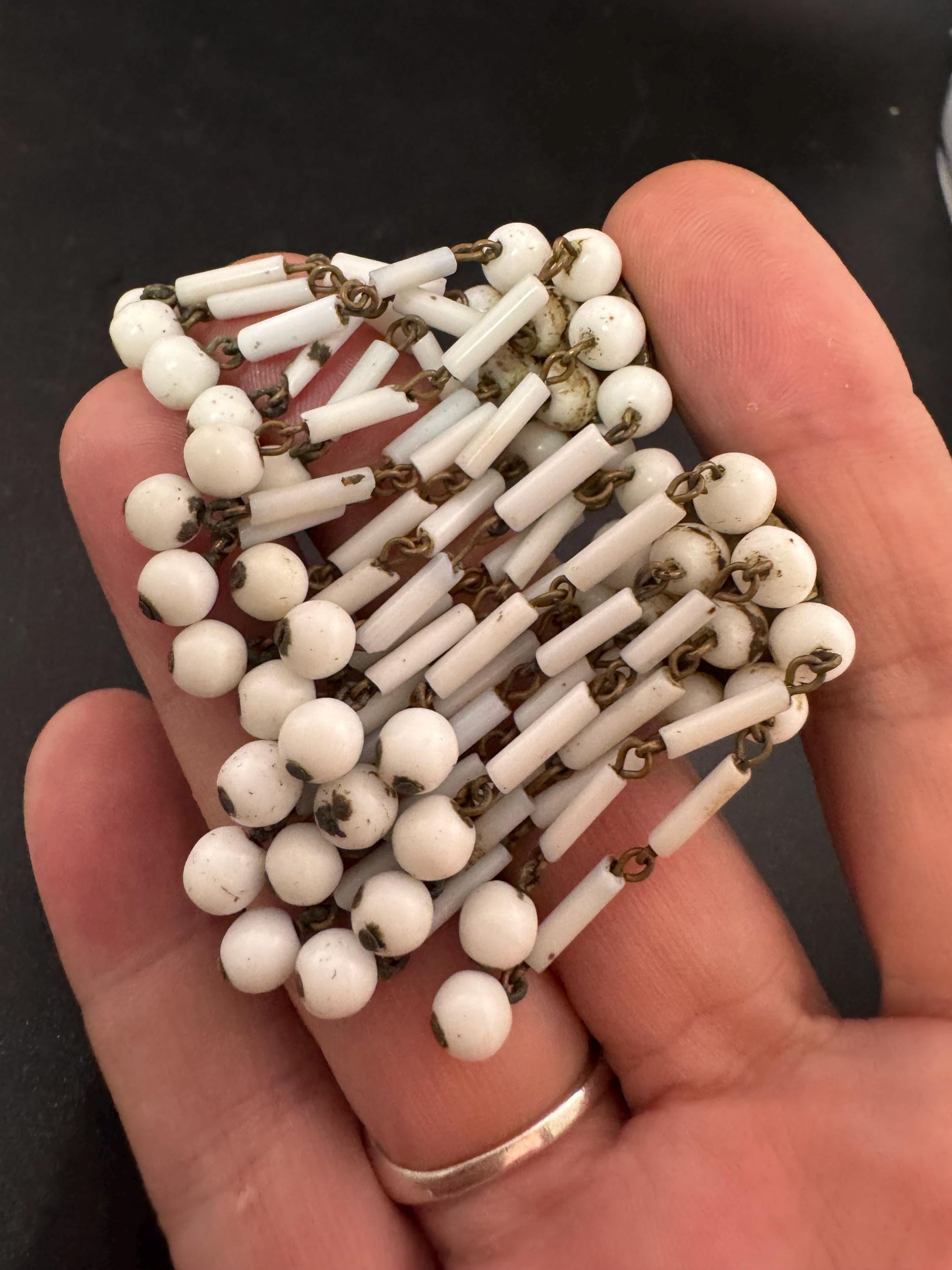 Vintage west German white milk glass bugle beaded Cluster Clip On waterfall Earrings 1940s 1950s