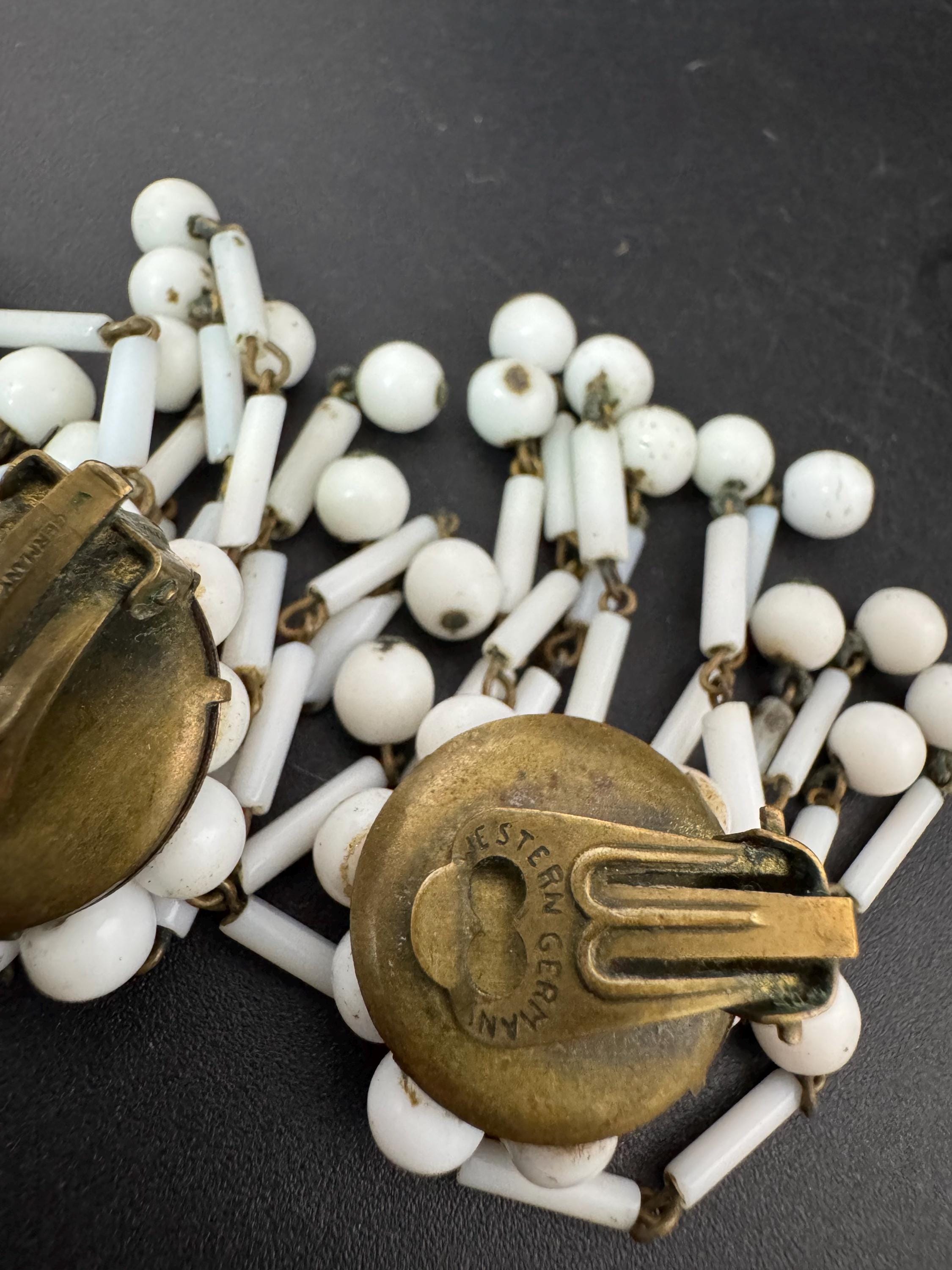 Vintage west German white milk glass bugle beaded Cluster Clip On waterfall Earrings 1940s 1950s