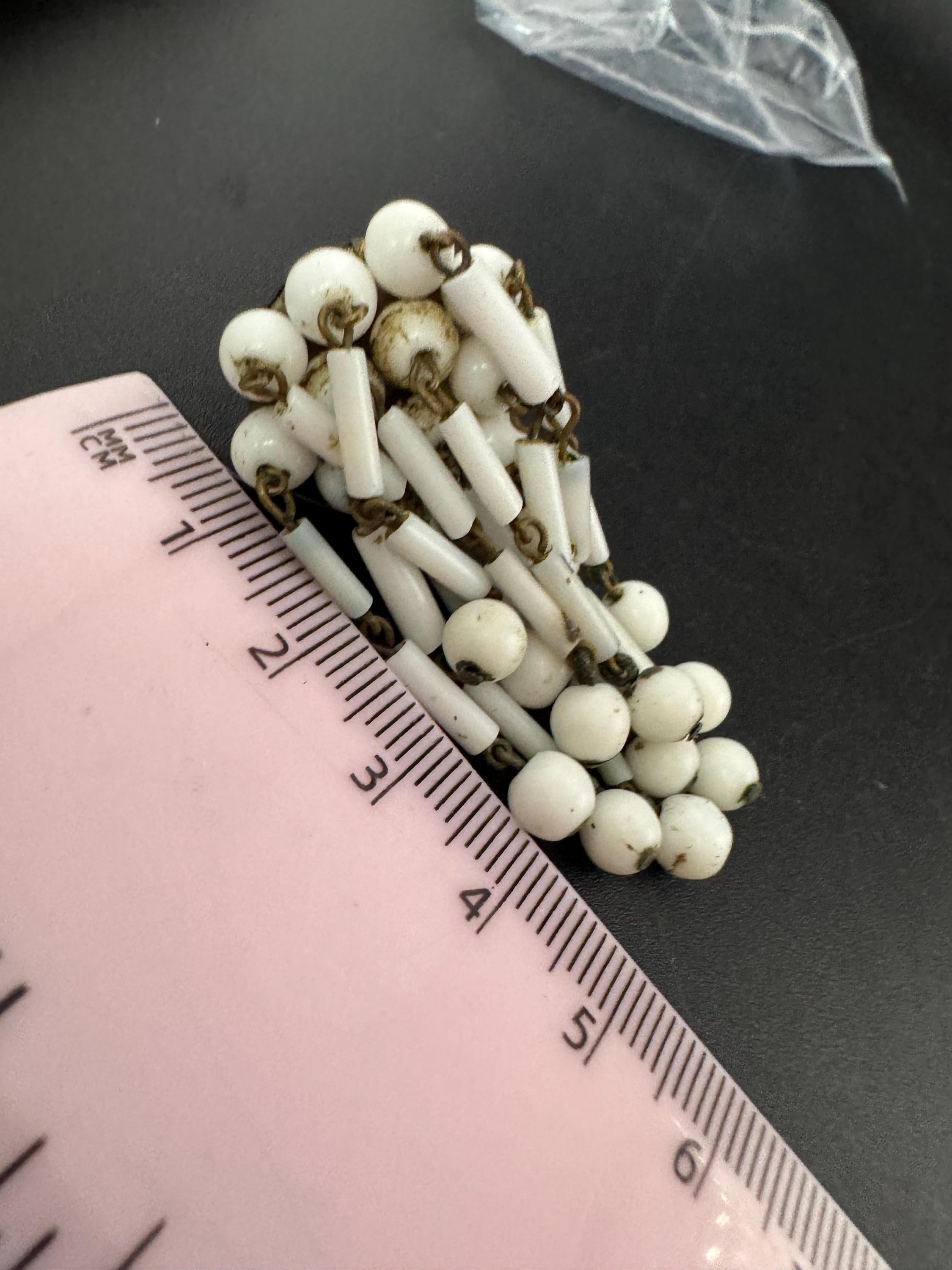Vintage west German white milk glass bugle beaded Cluster Clip On waterfall Earrings 1940s 1950s