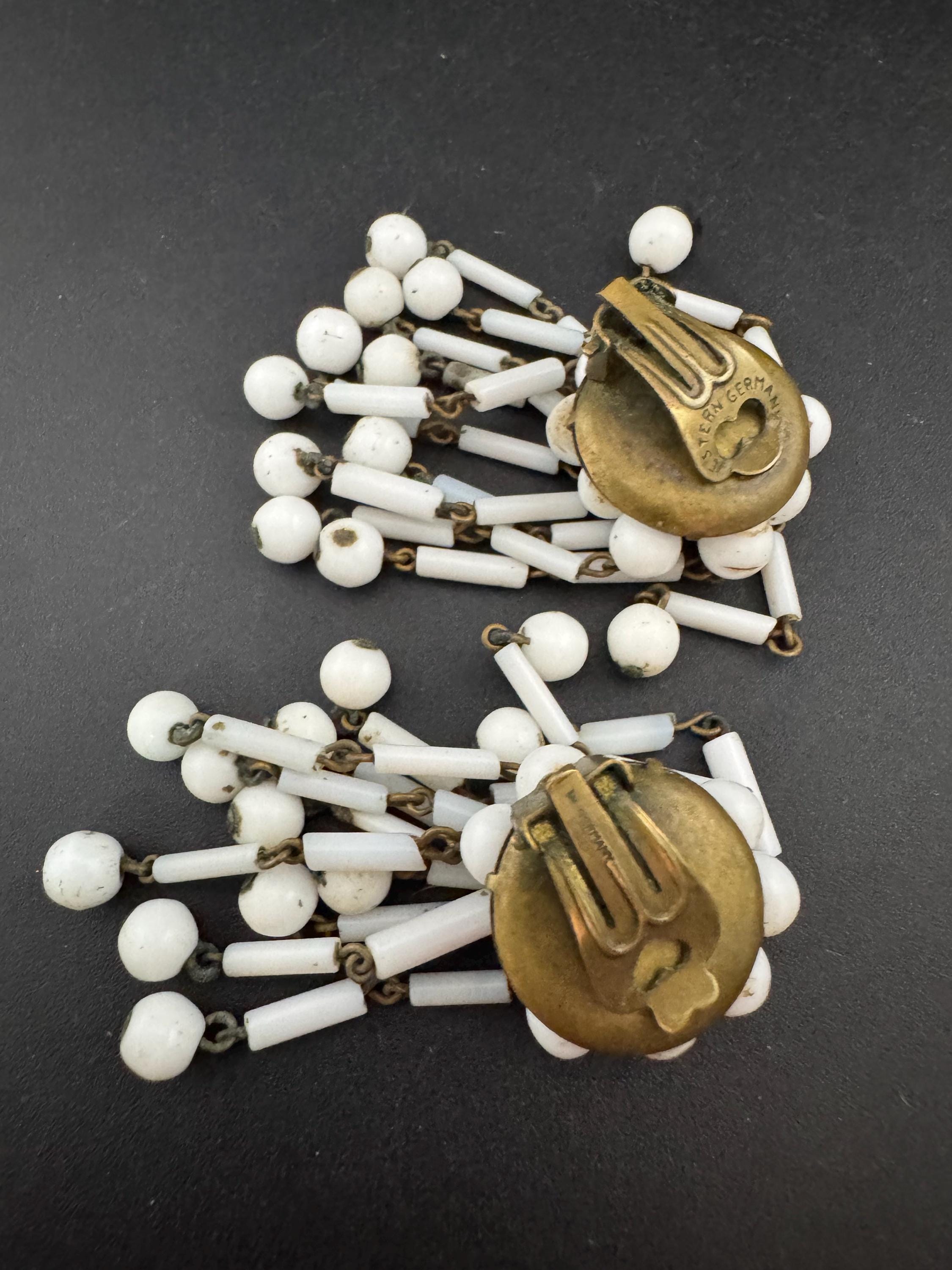 Vintage west German white milk glass bugle beaded Cluster Clip On waterfall Earrings 1940s 1950s