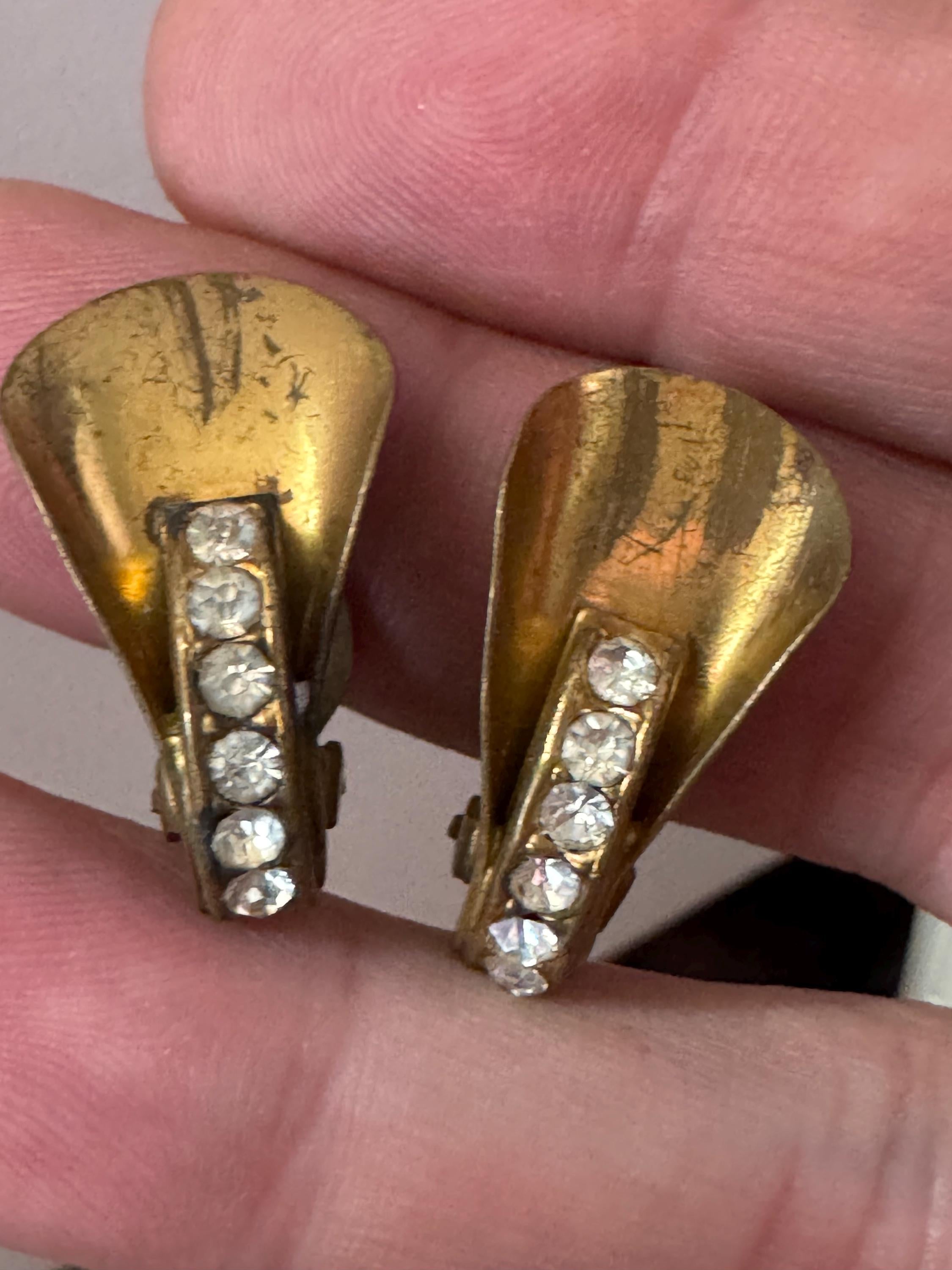 Antique Vintage Czech Gold brass Metal brass diamante clip on earrings Edwardian Art Deco 1920s 1930s