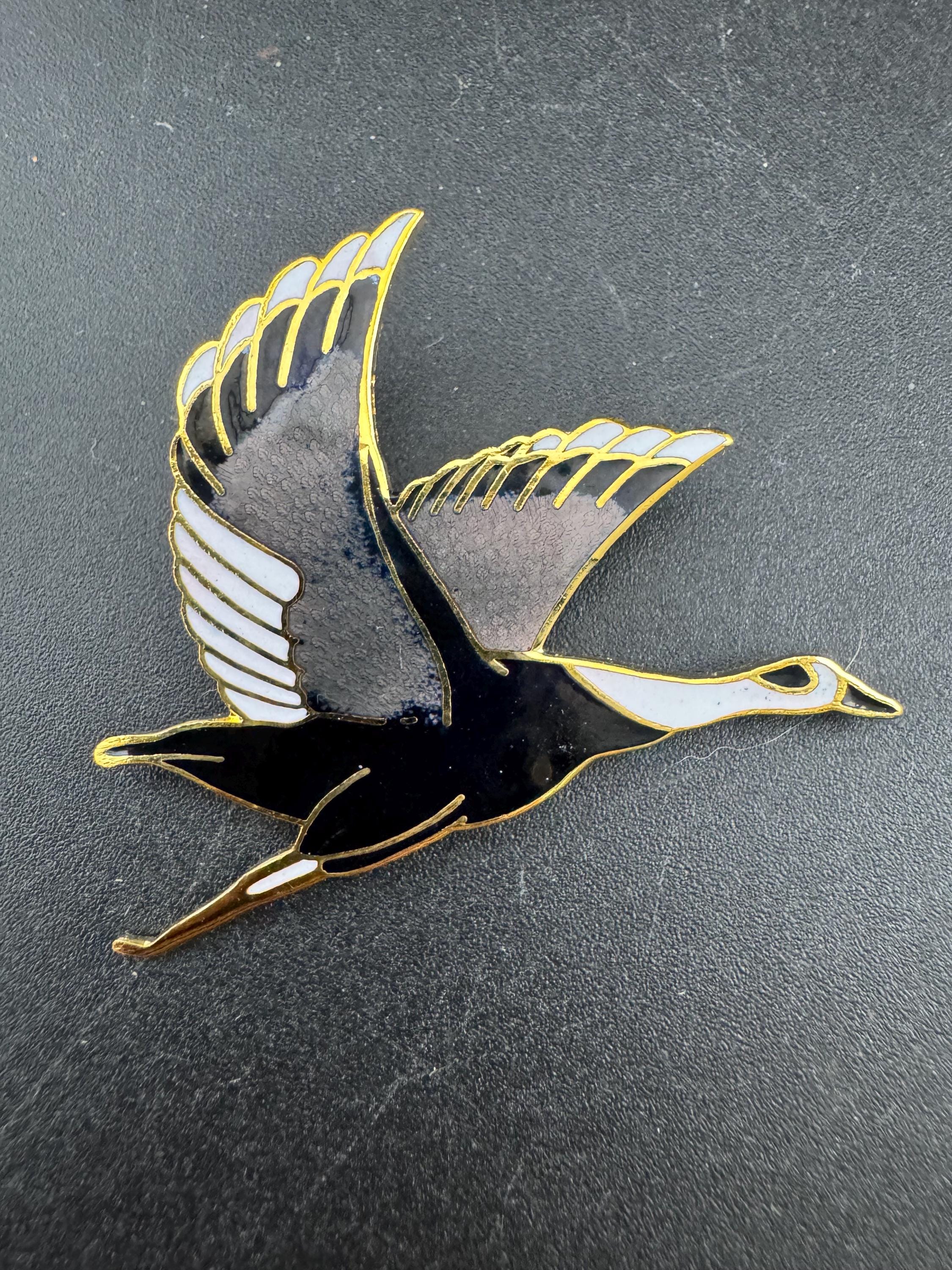 1980s Japanese Cloisonné Crane Brooch: Grey, Black & Gold Tone