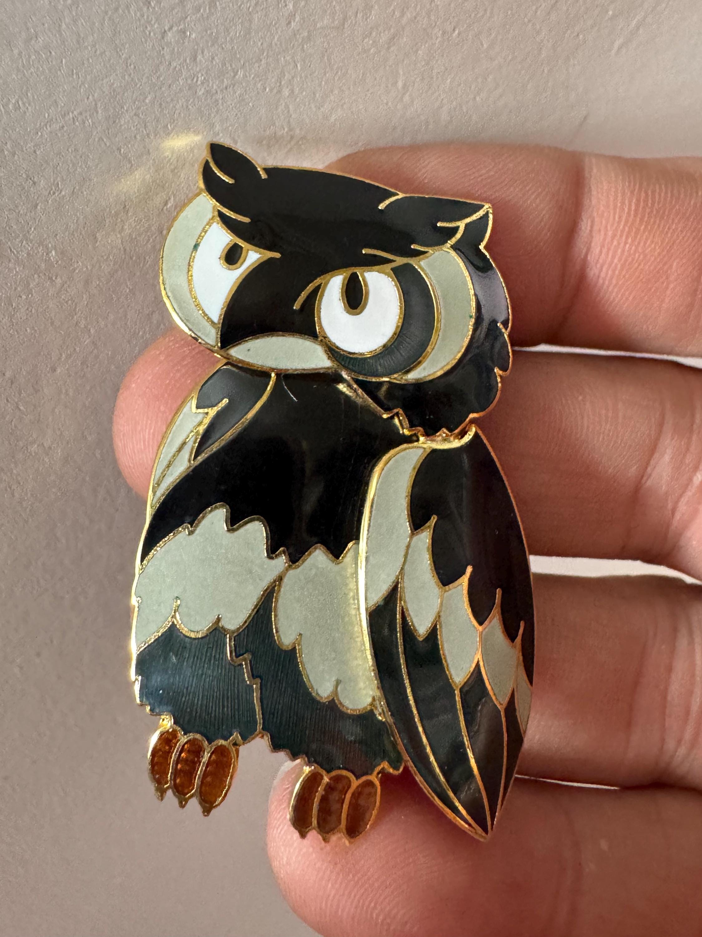 1980s Cloisonné Owl Brooch: Navy Blue & Gold Tone, Unused