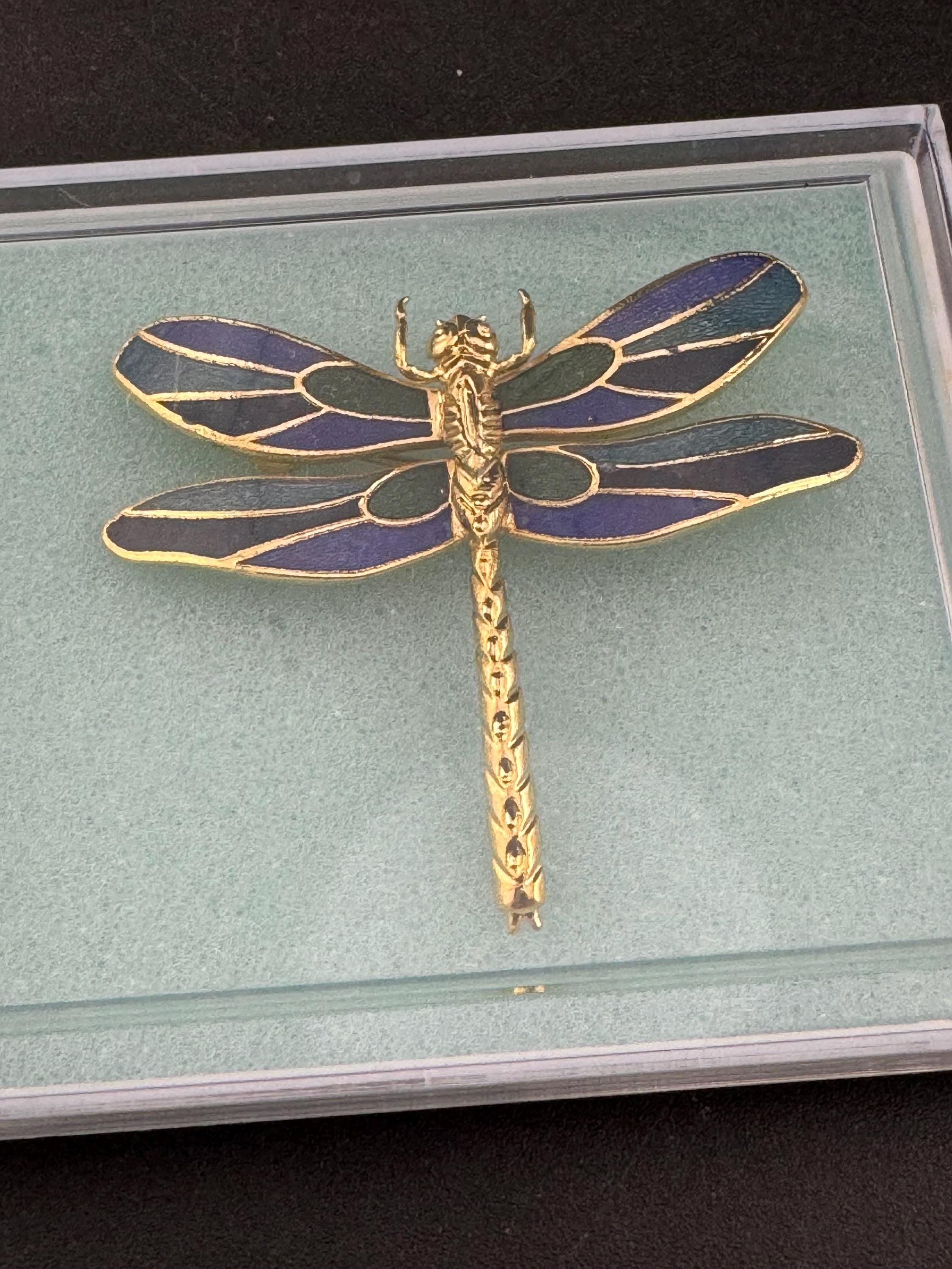 1980s Cloisonné Enamel Dragonfly Brooch: Navy, Green & Gold, Unused