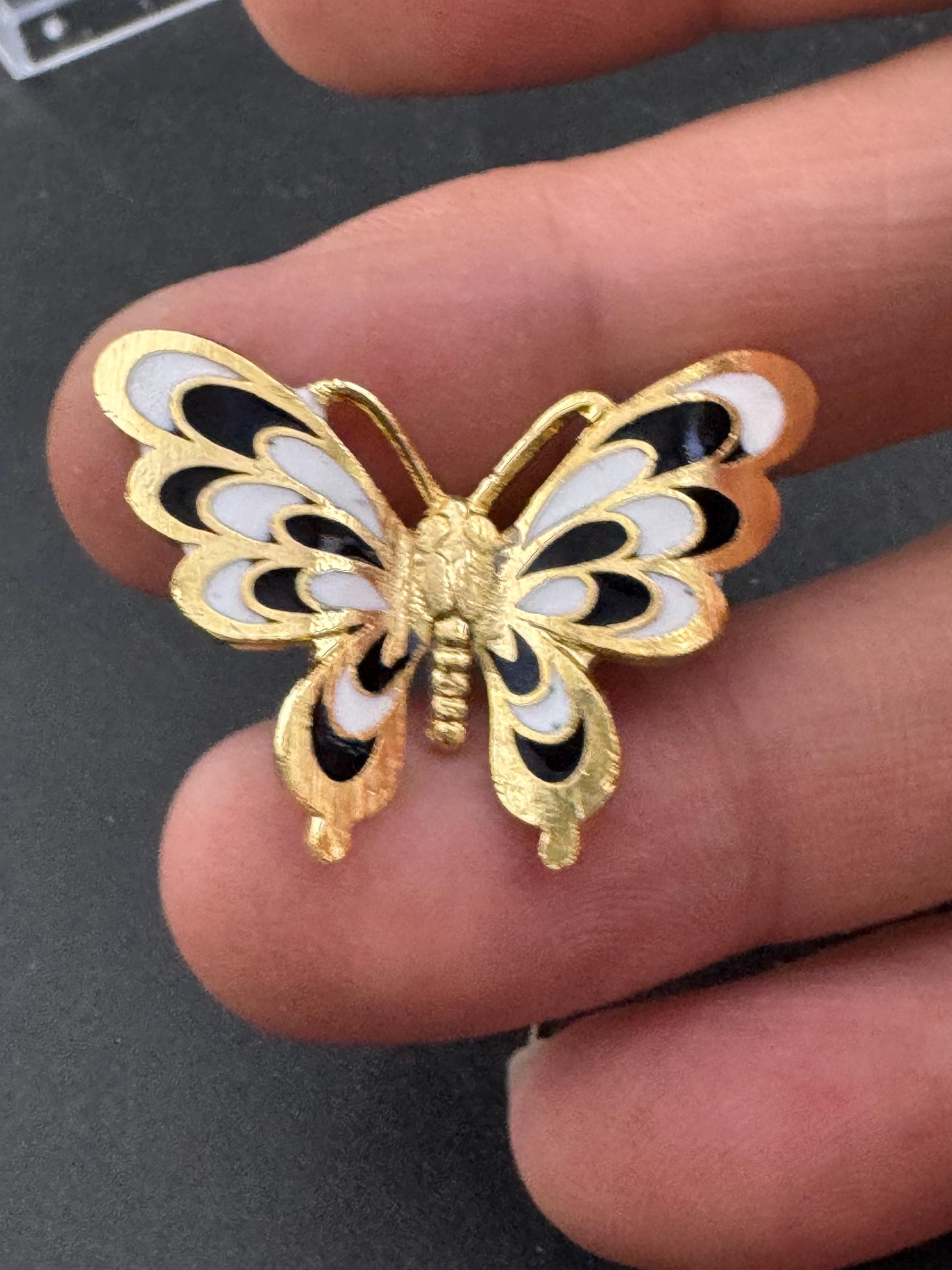 1980s Cloisonné Enamel Butterfly Brooch: Navy, Black & Gold, Unused