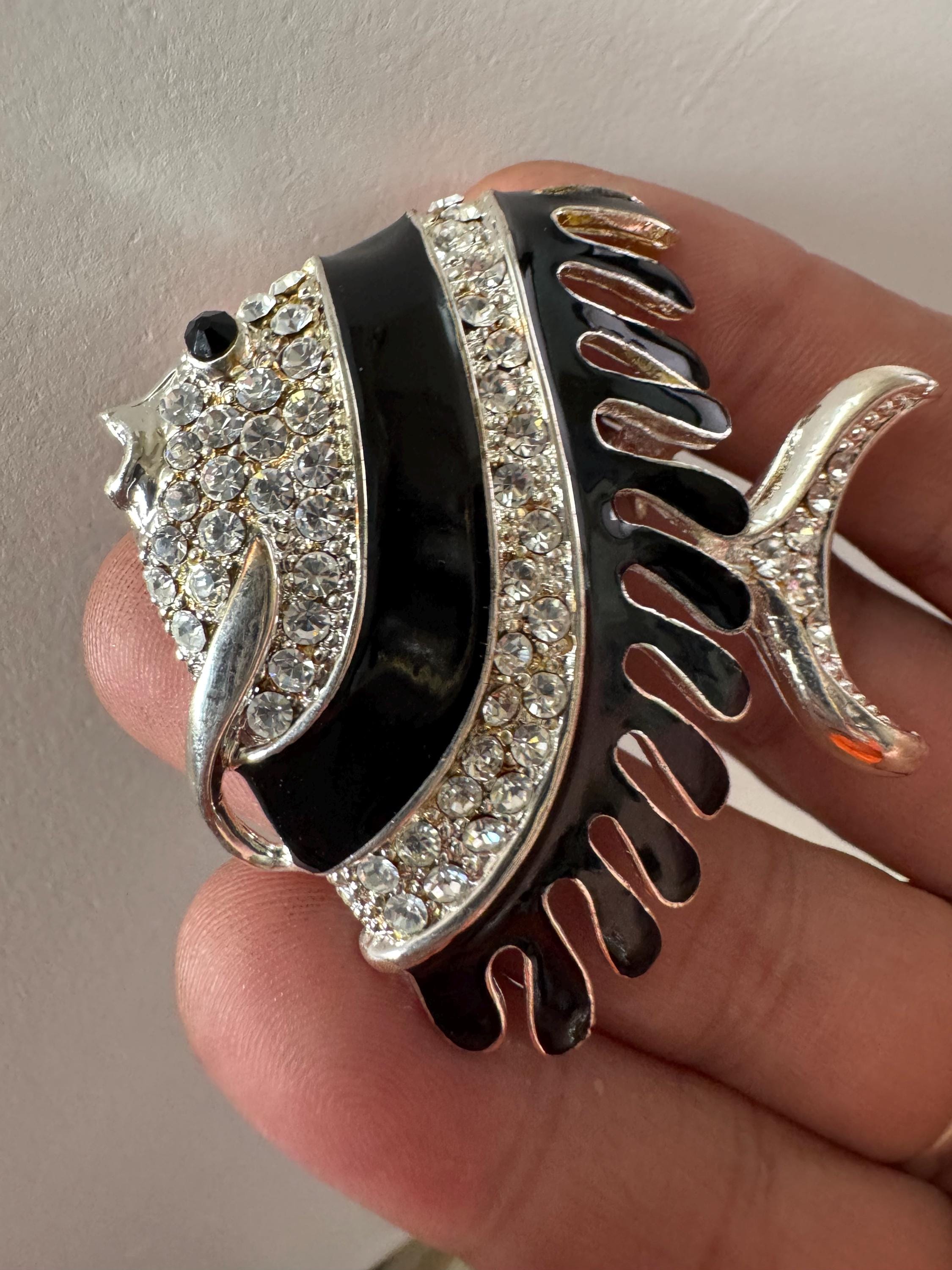 Vintage Silver tone clear diamanté black enamel fish Brooch, unused 1970s old shop stock
