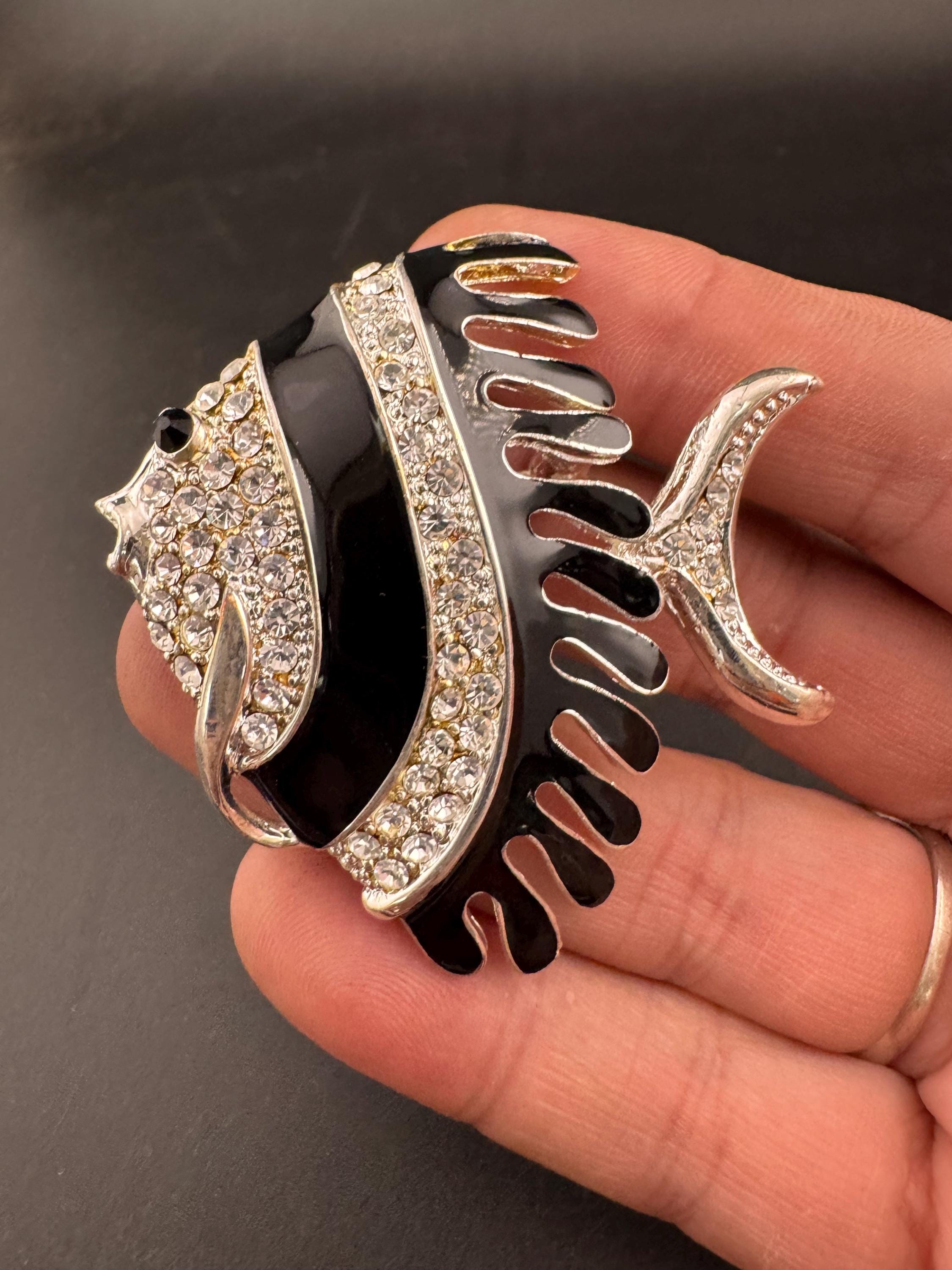Vintage Silver tone clear diamanté black enamel fish Brooch, unused 1970s old shop stock