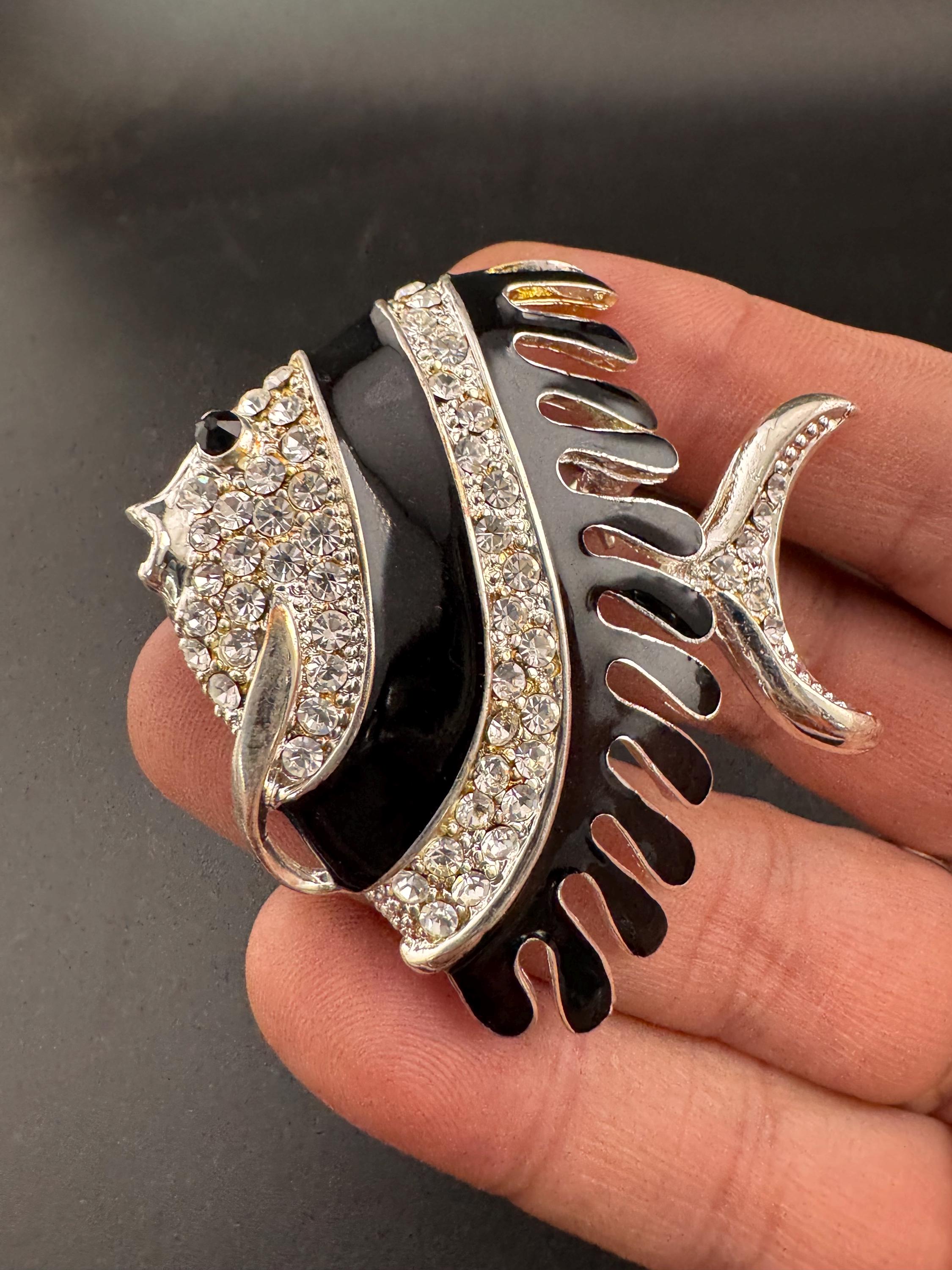 Vintage Silver tone clear diamanté black enamel fish Brooch, unused 1970s old shop stock