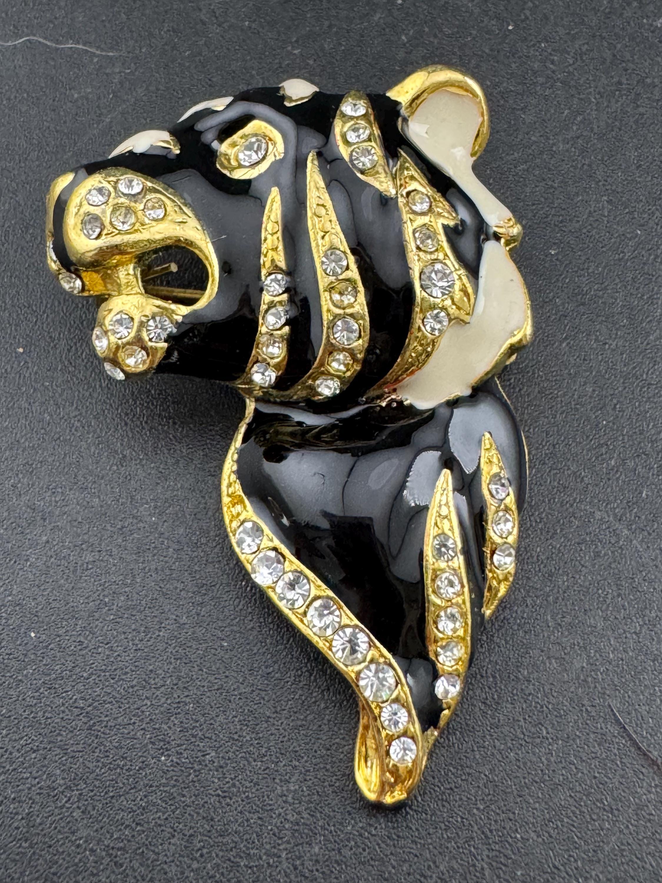 Vintage Rhinestone black Tiger Brooch: Enamel Big Cat, Gold Tone