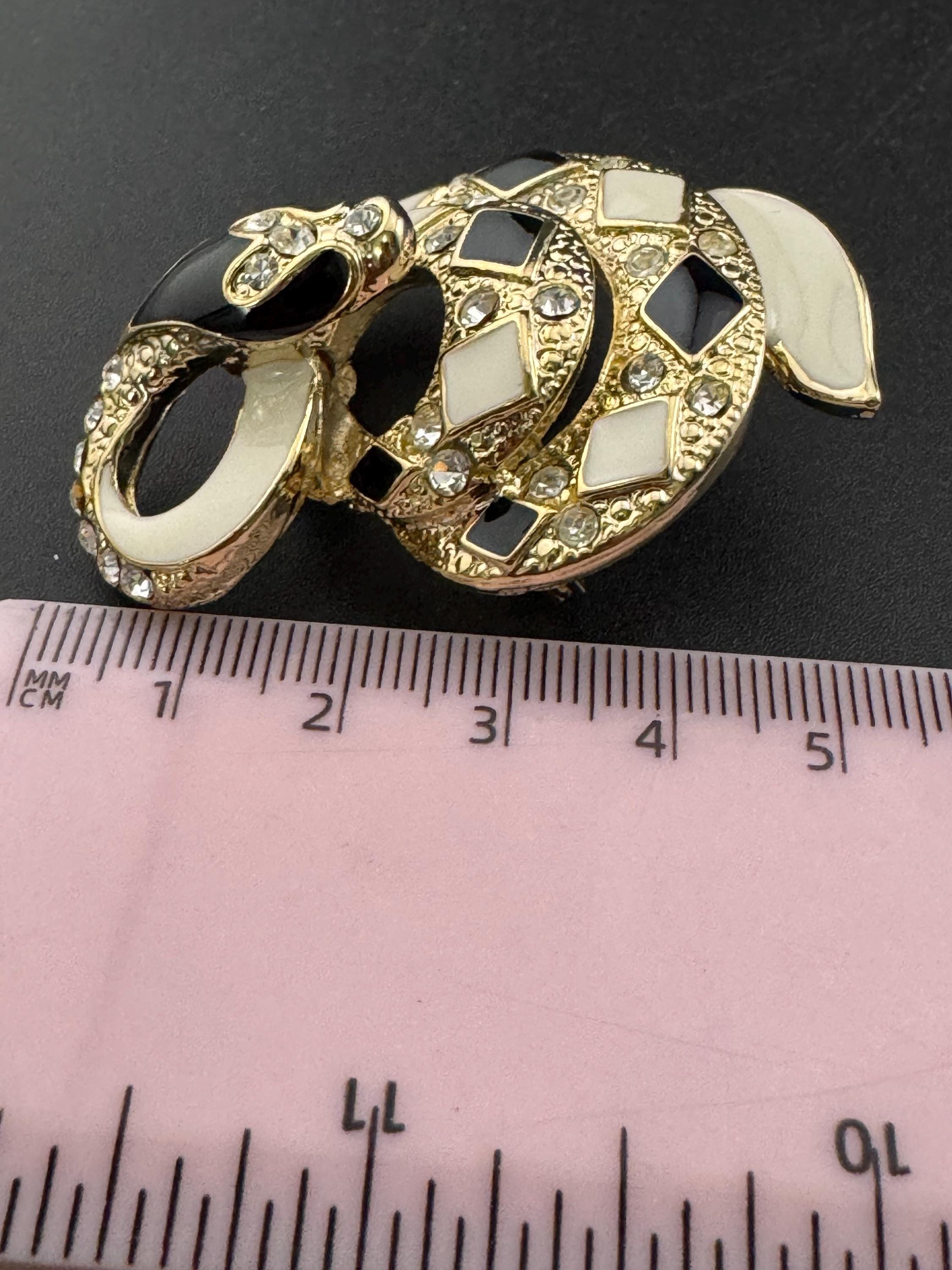 Vintage Rhinestone Snake Brooch: Gold Tone black enamel