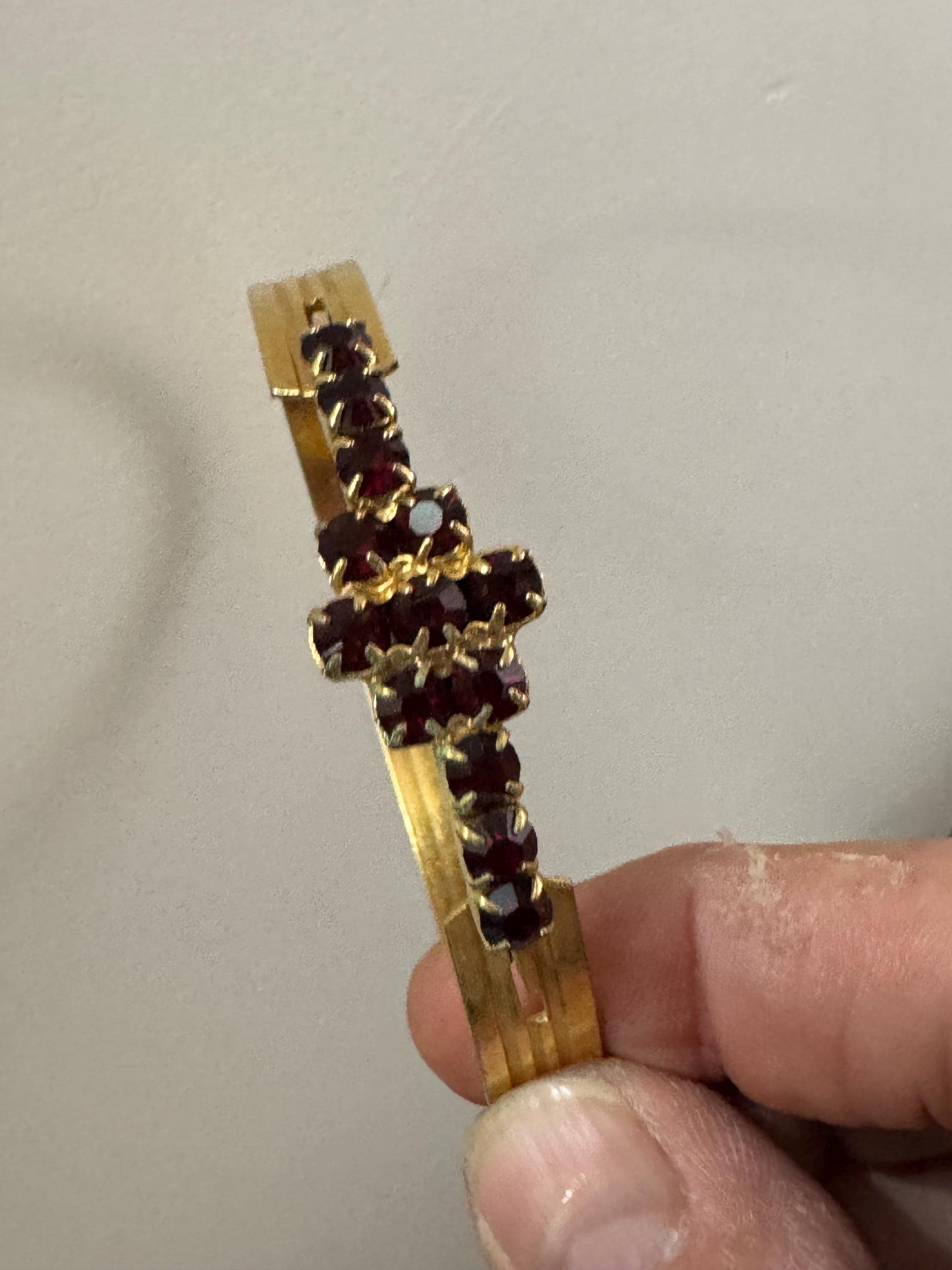 Mid century Vintage gold plated red garnet glass paste hinged bracelet Rhinestone jewellery