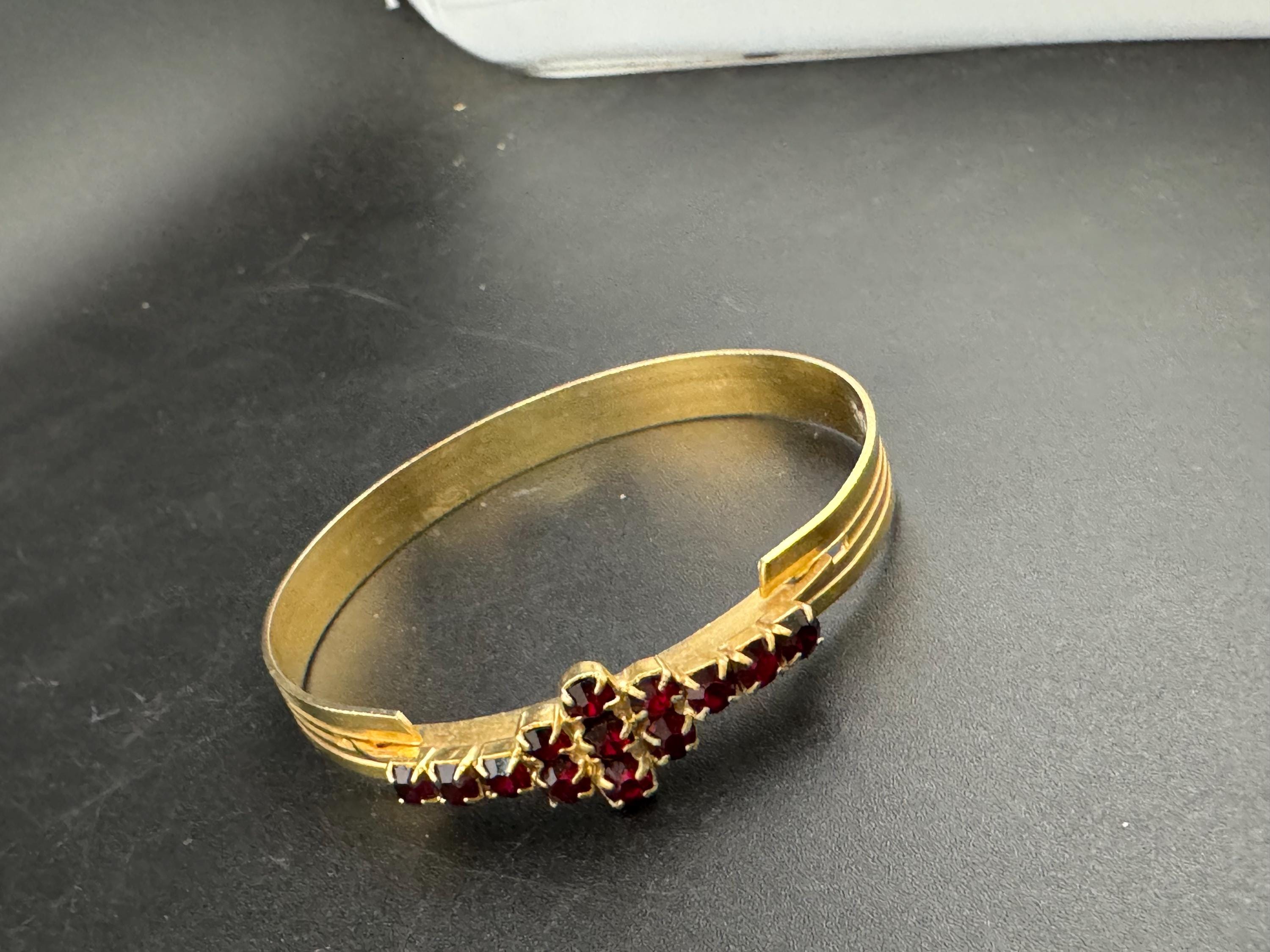 Mid century Vintage gold plated red garnet glass paste hinged bracelet Rhinestone jewellery