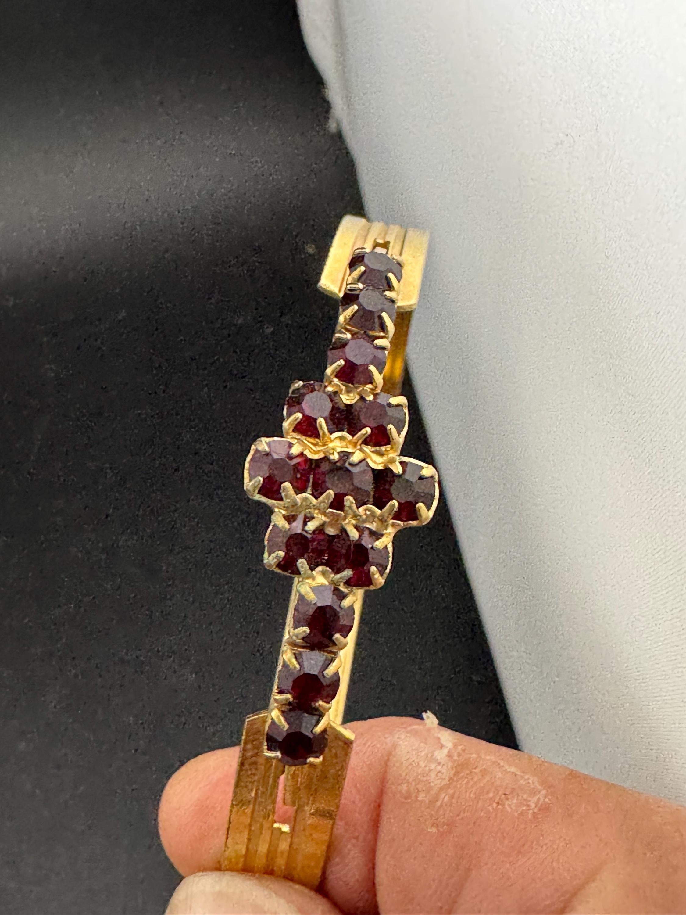 Mid century Vintage gold plated red garnet glass paste hinged bracelet Rhinestone jewellery