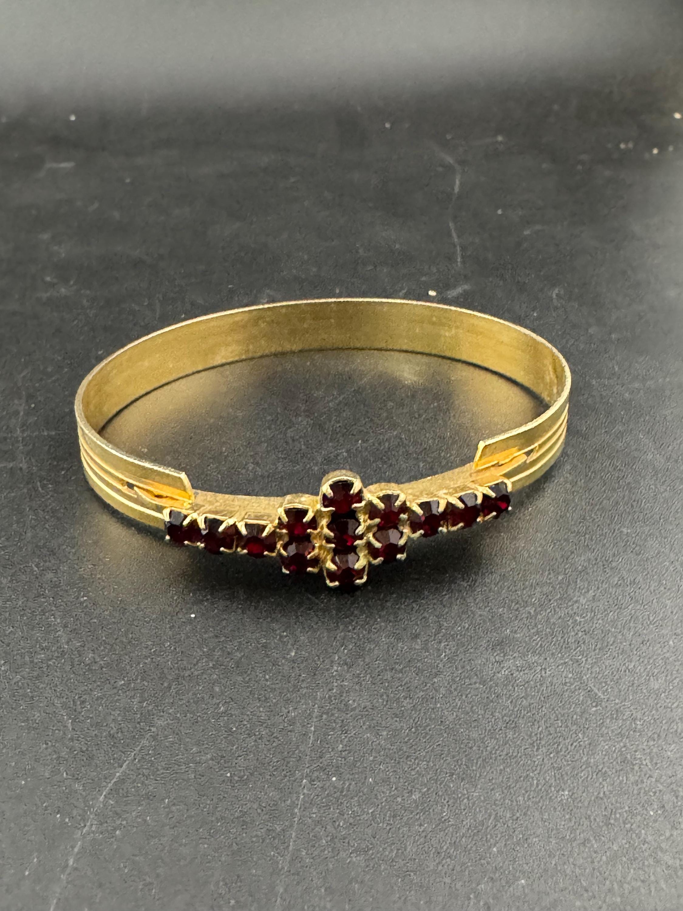 Mid century Vintage gold plated red garnet glass paste hinged bracelet Rhinestone jewellery