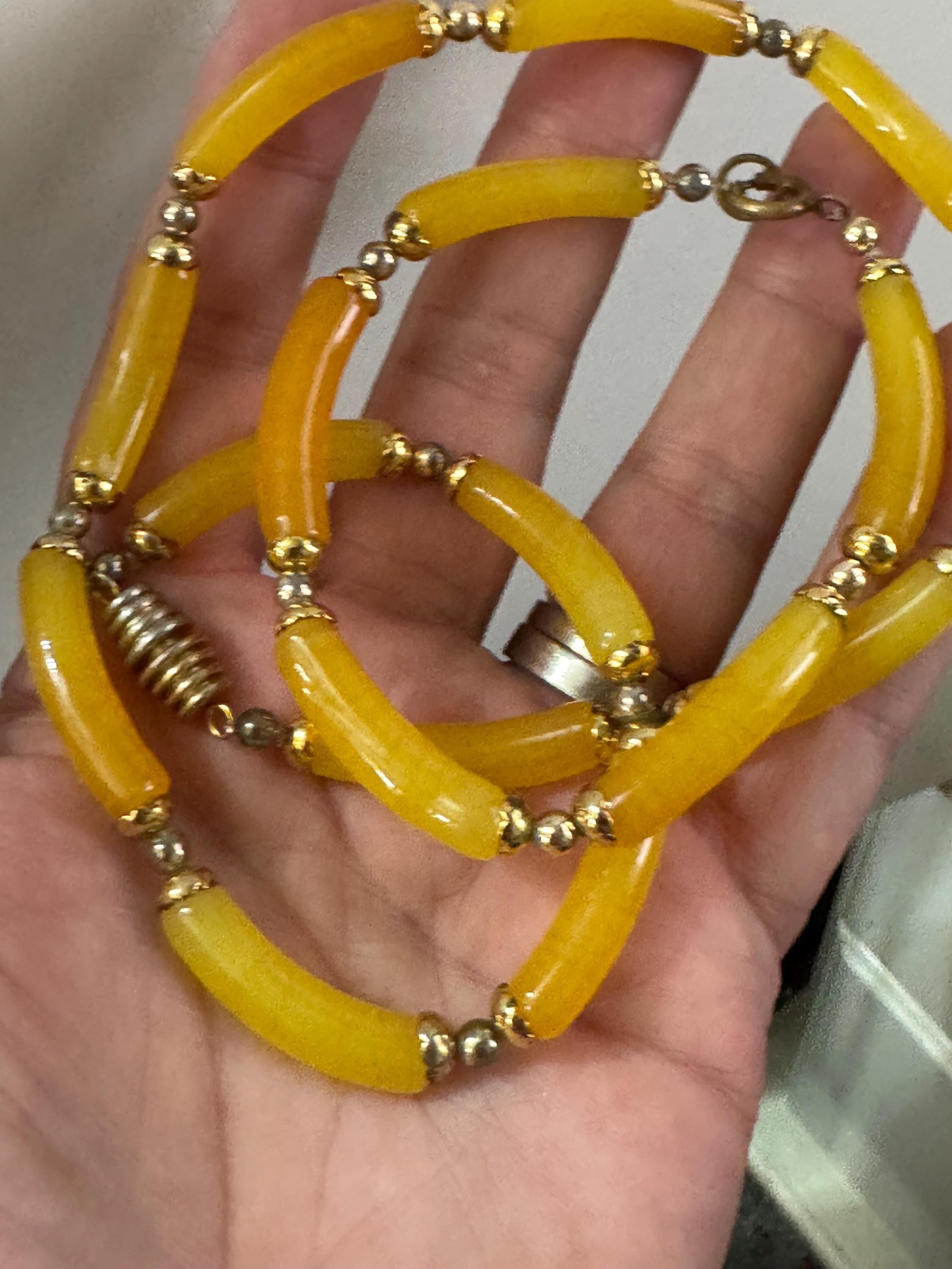 Vintage Chinese natural yellow jade tube beaded collar necklace with matching bracelet