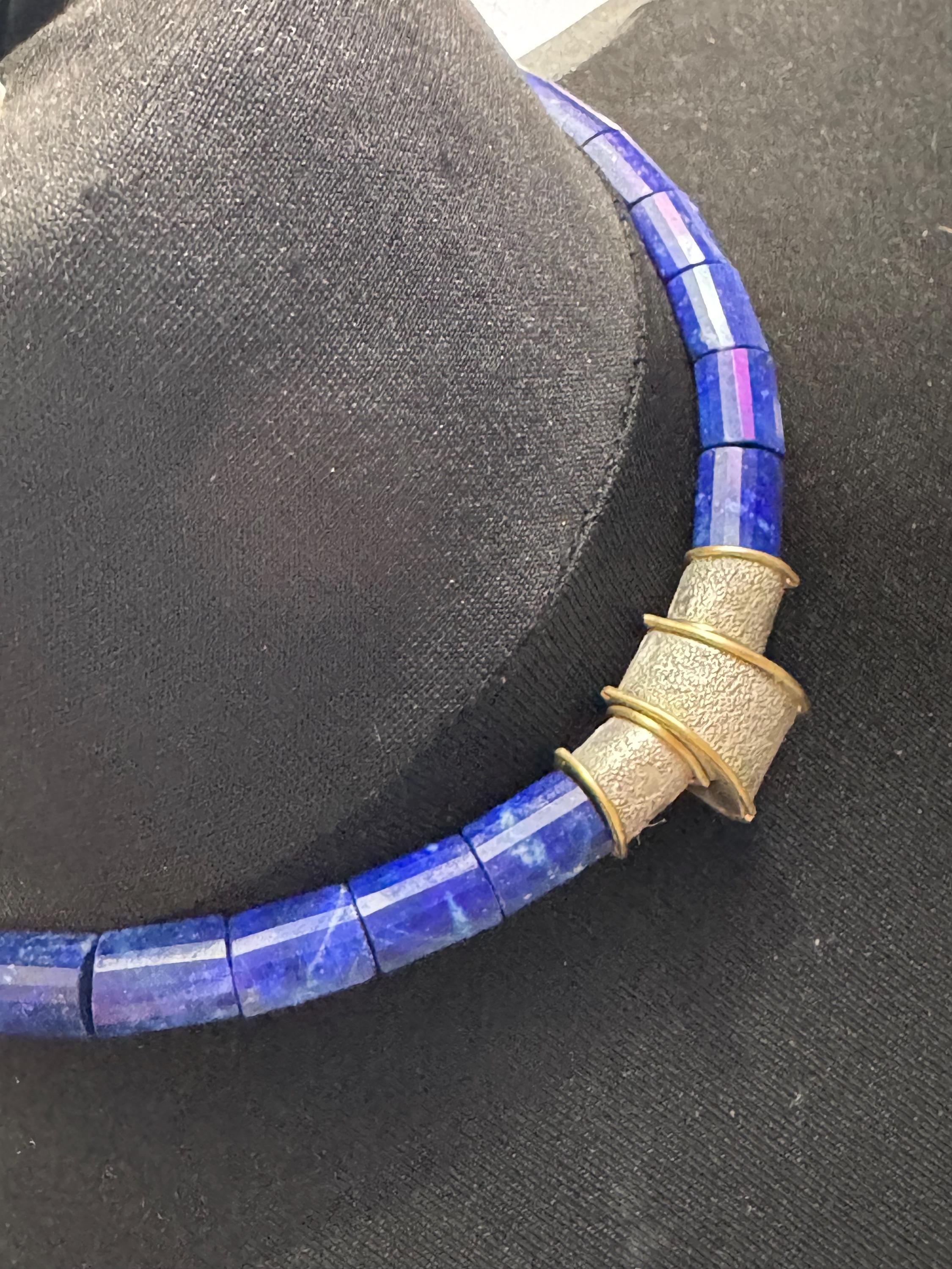 vintage gold and silver tone blue natural gemstone lapis lazuli beaded collar necklace 43cm