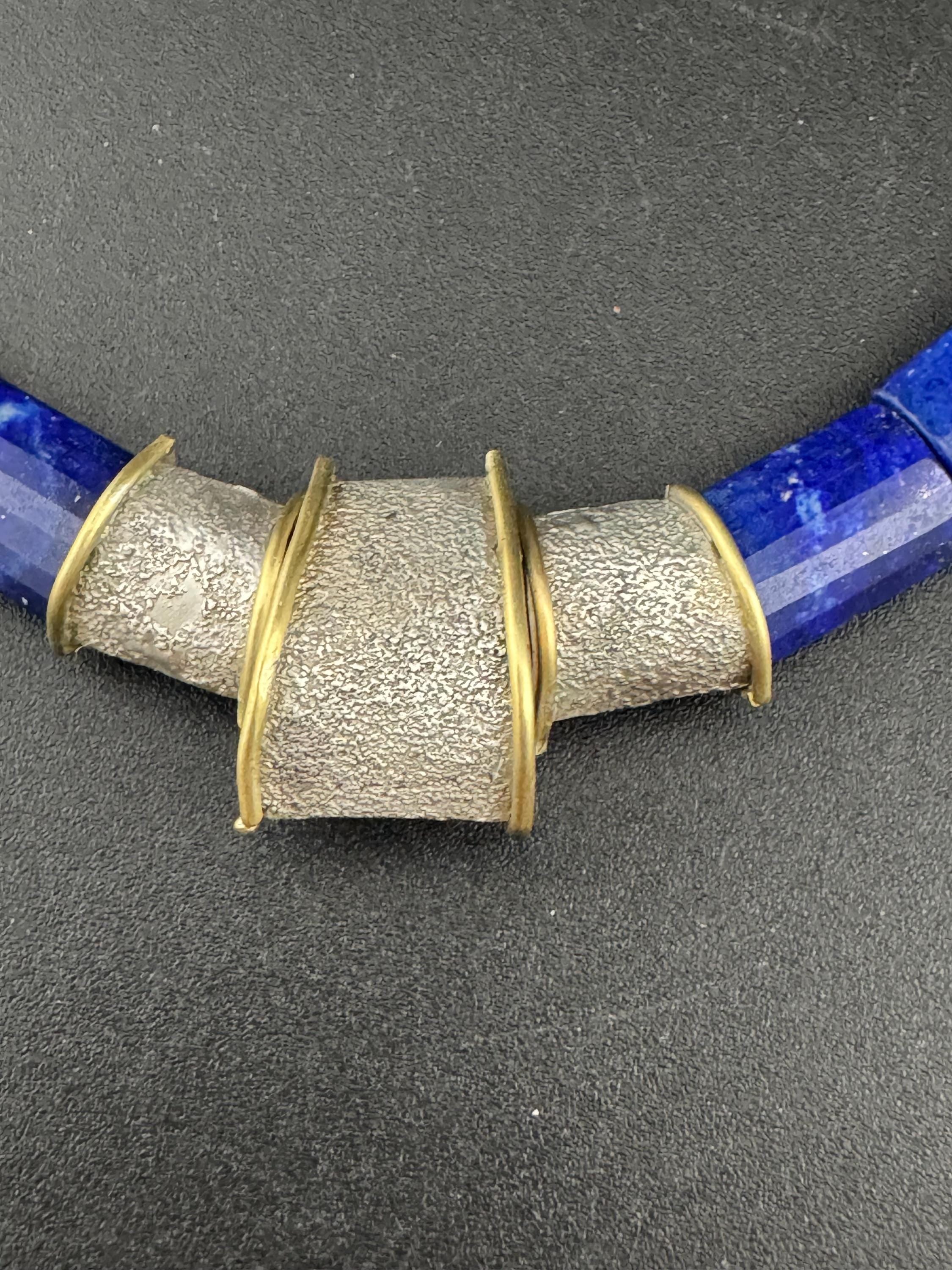 vintage gold and silver tone blue natural gemstone lapis lazuli beaded collar necklace 43cm