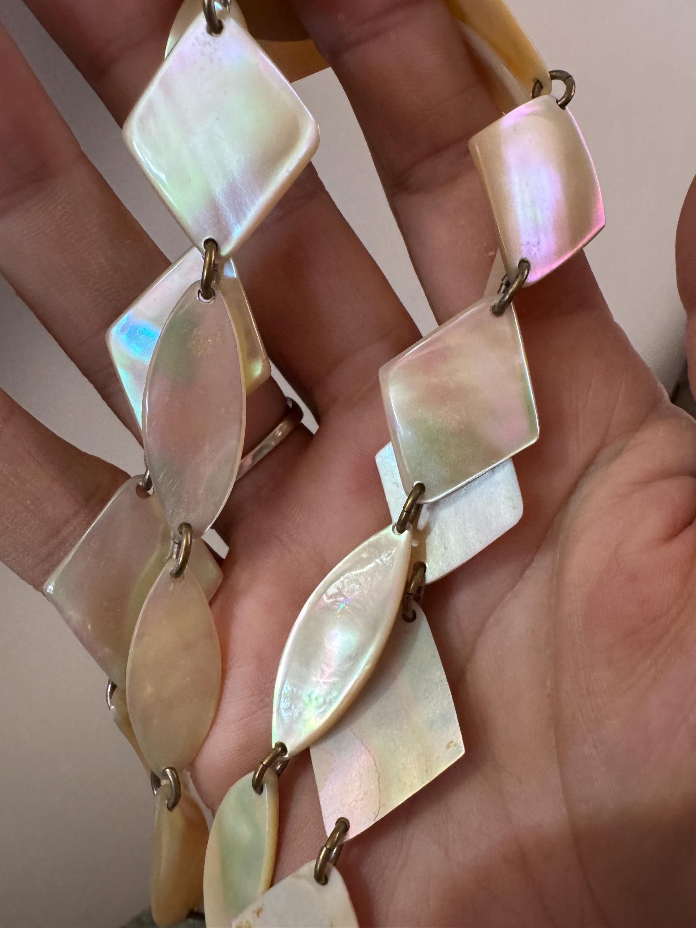 Art deco natural mother of pearl shell panel link necklace 75cm