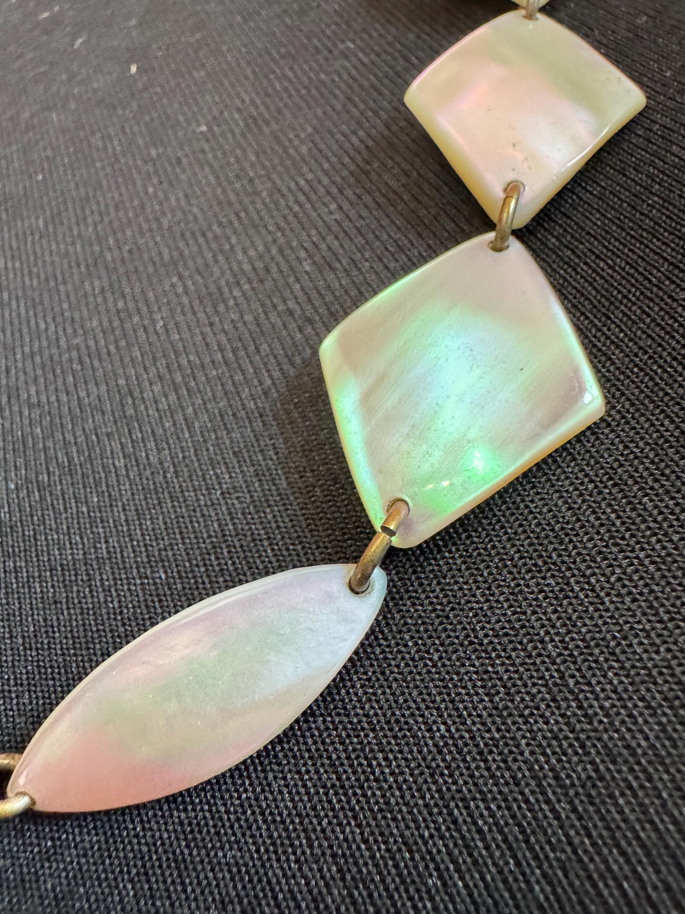 Art deco natural mother of pearl shell panel link necklace 75cm