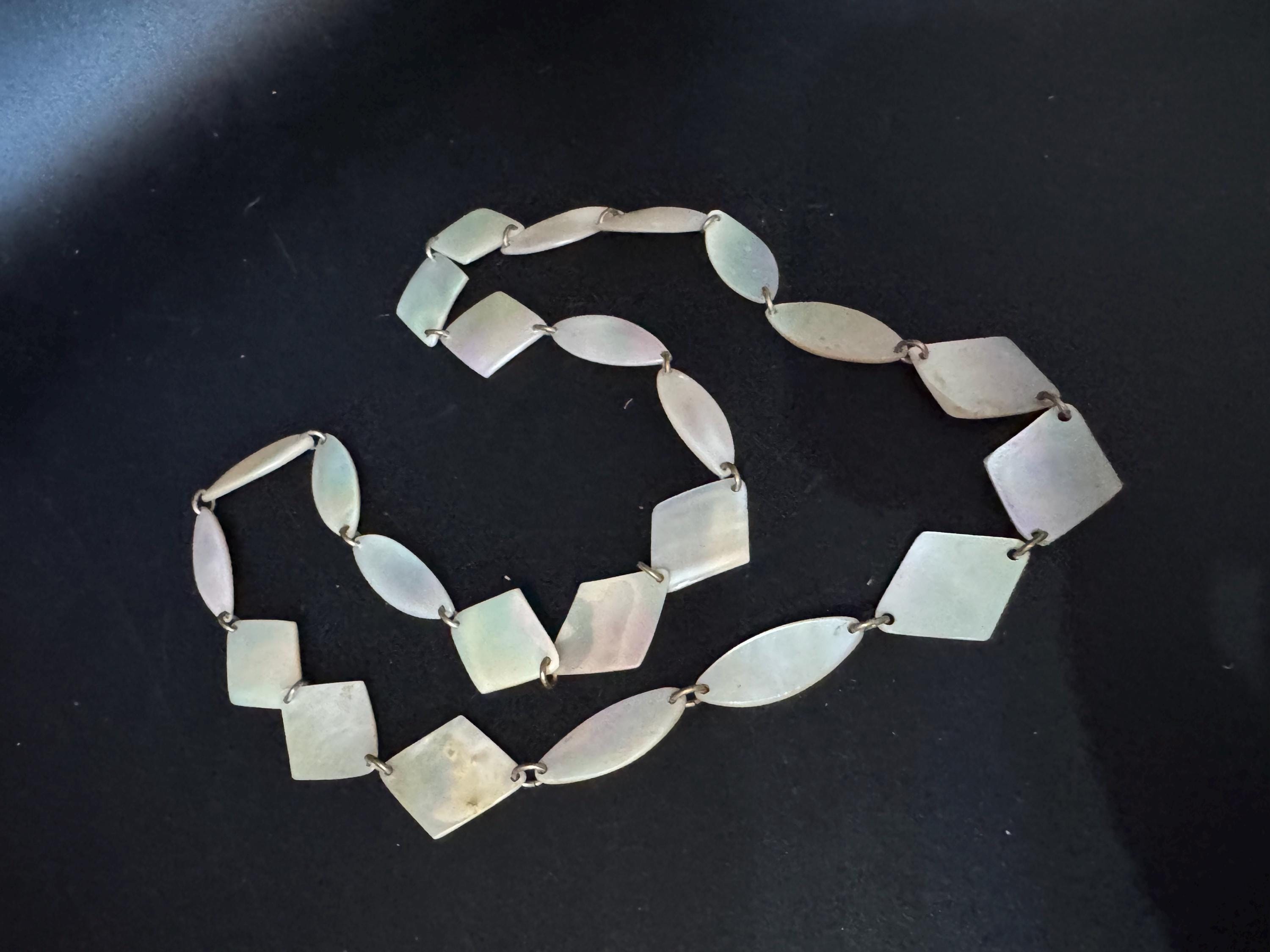 Art deco natural mother of pearl shell panel link necklace 75cm