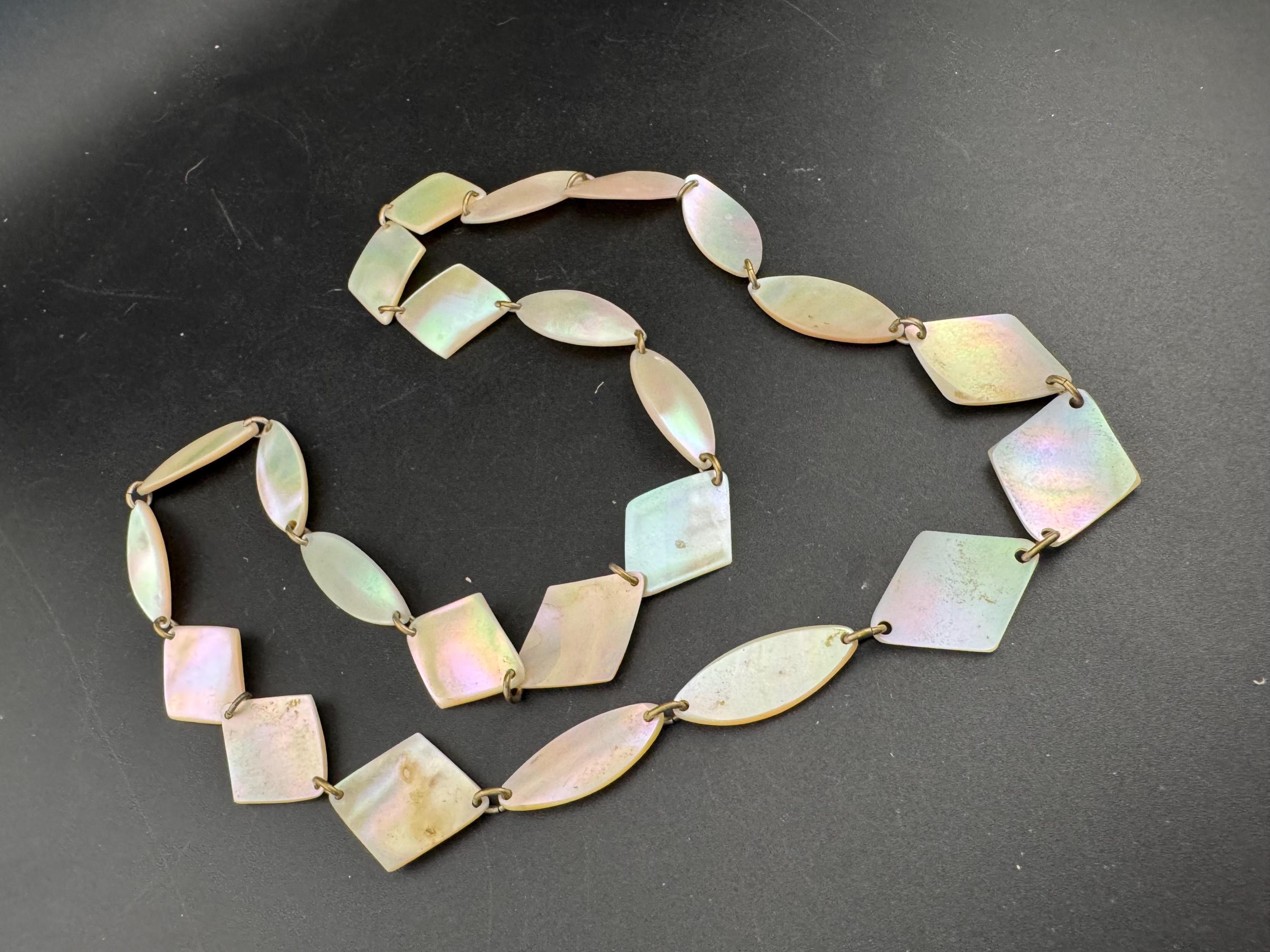 Art deco natural mother of pearl shell panel link necklace 75cm