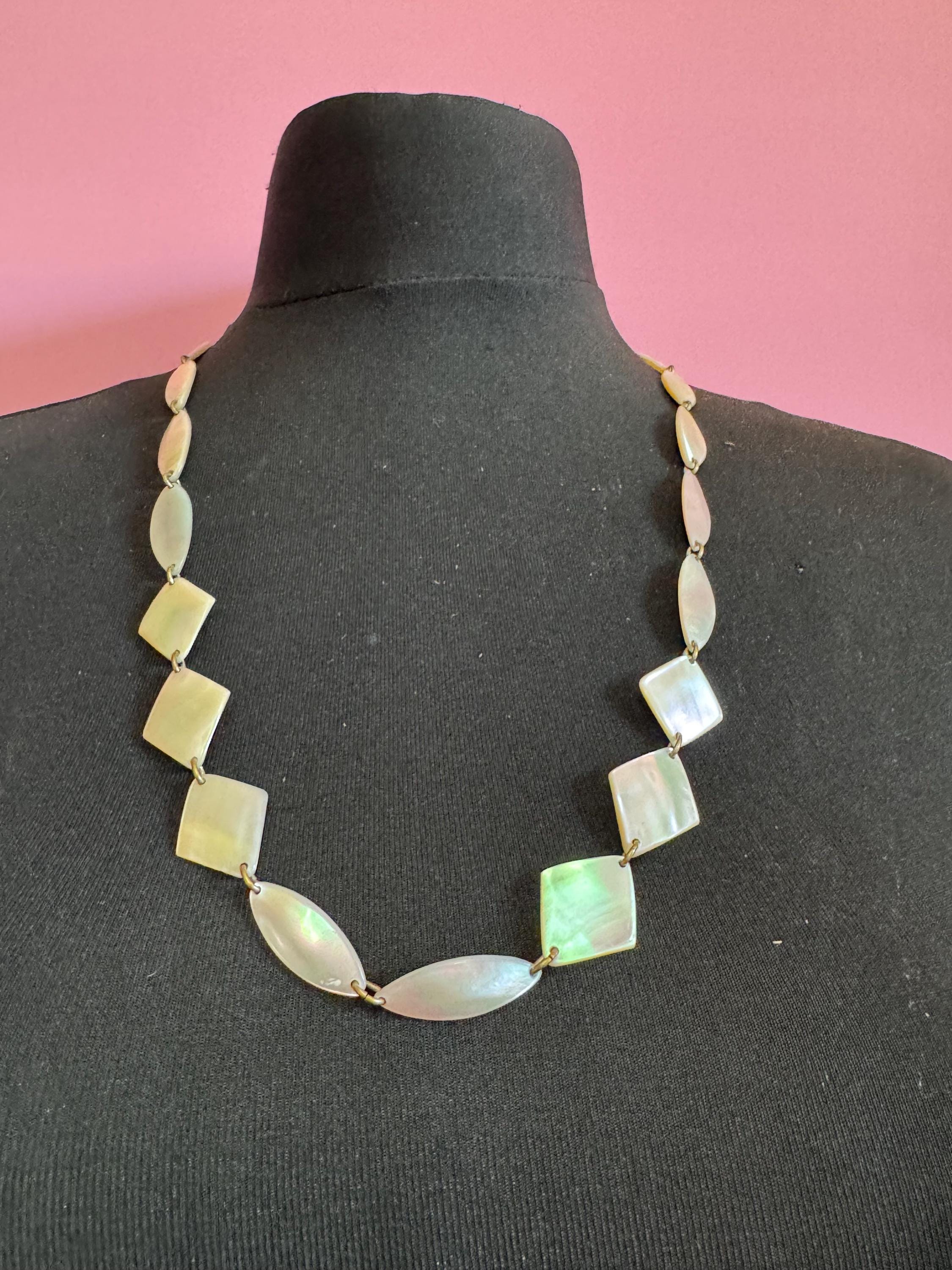 Art deco natural mother of pearl shell panel link necklace 75cm