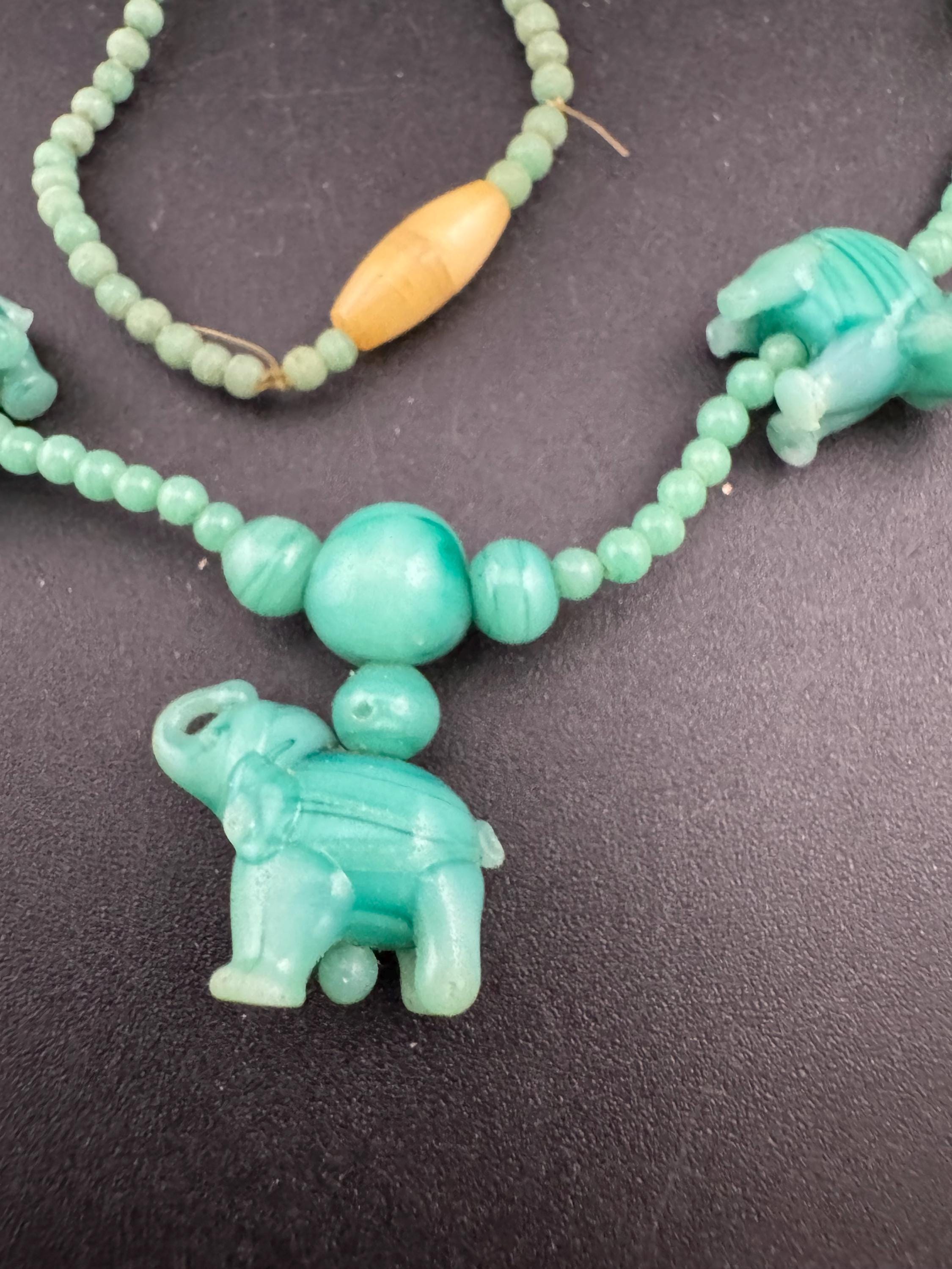 Antique Chinese peking carved glass green Art Deco period beaded elephant necklace