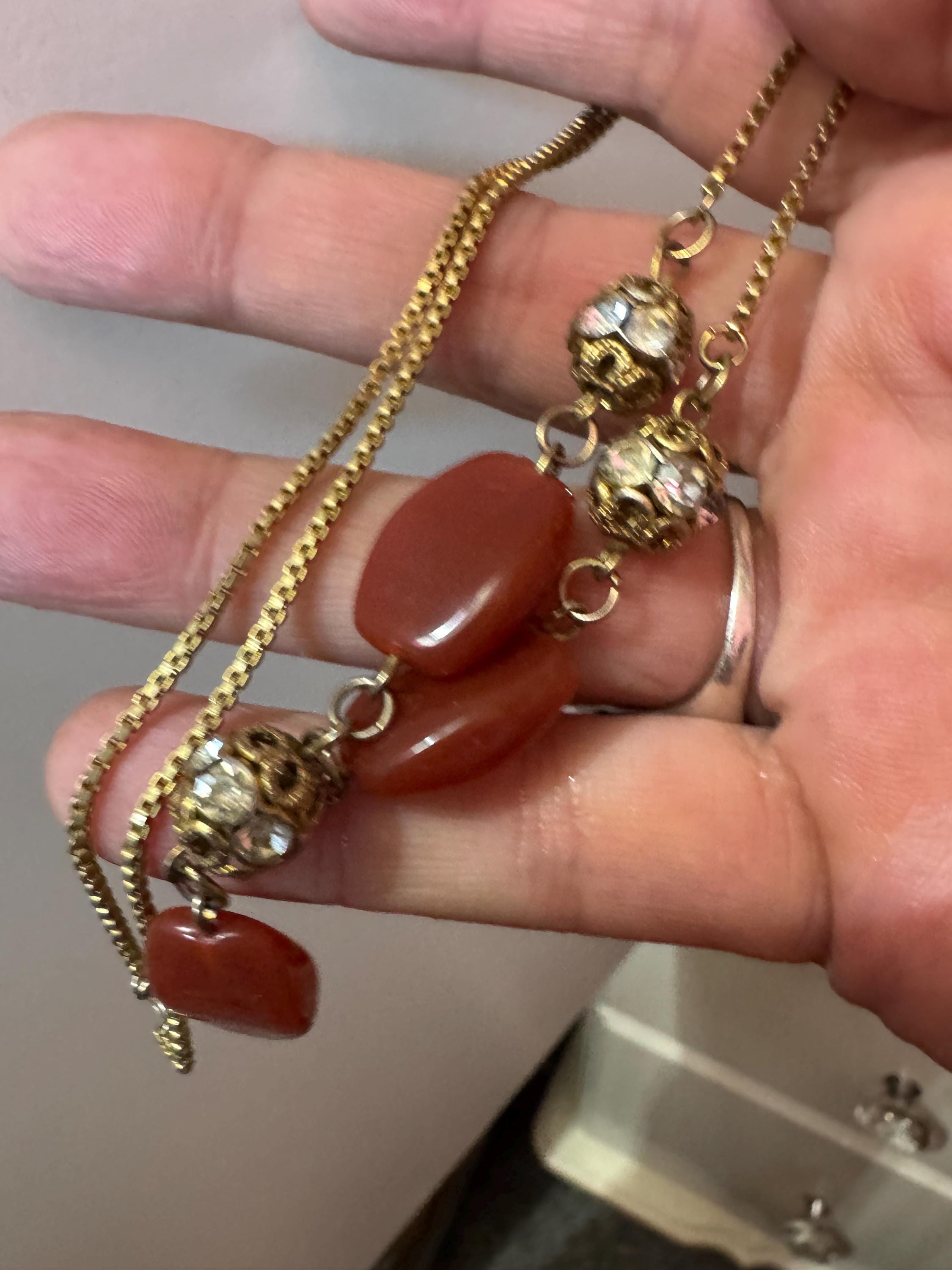 revival Art Deco Filigree gold tone glass czech gilt metal necklace with Carnelian gemstone beads